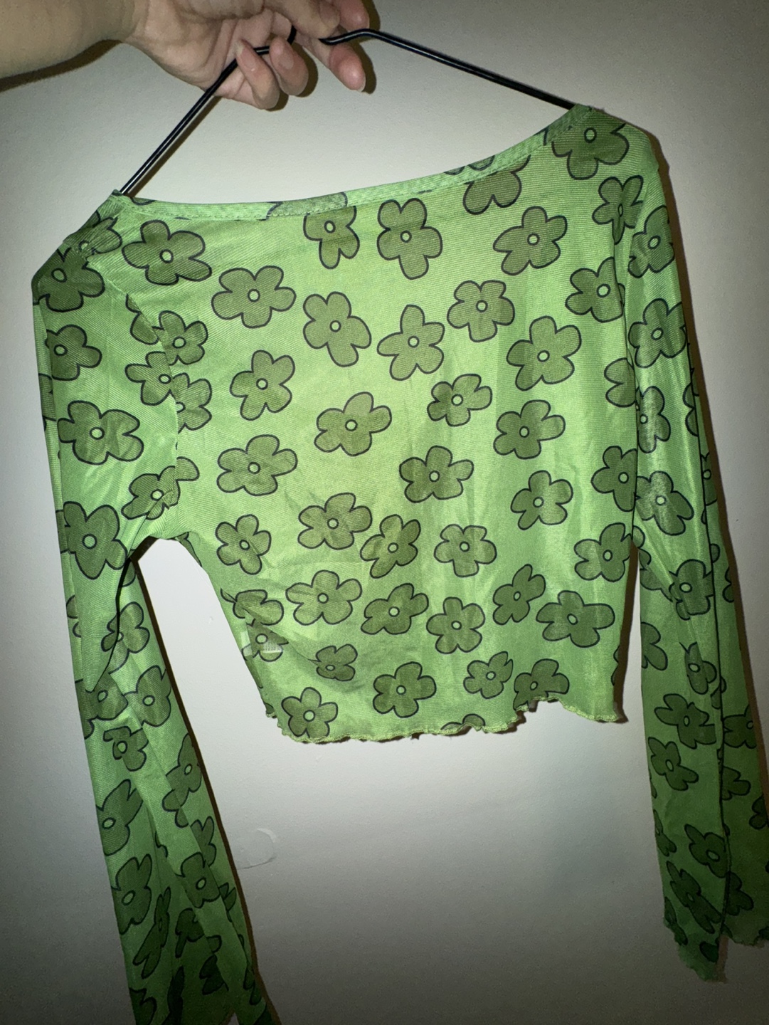 Lime Green Floral Mesh Long Sleeve Crop Top - photo 4