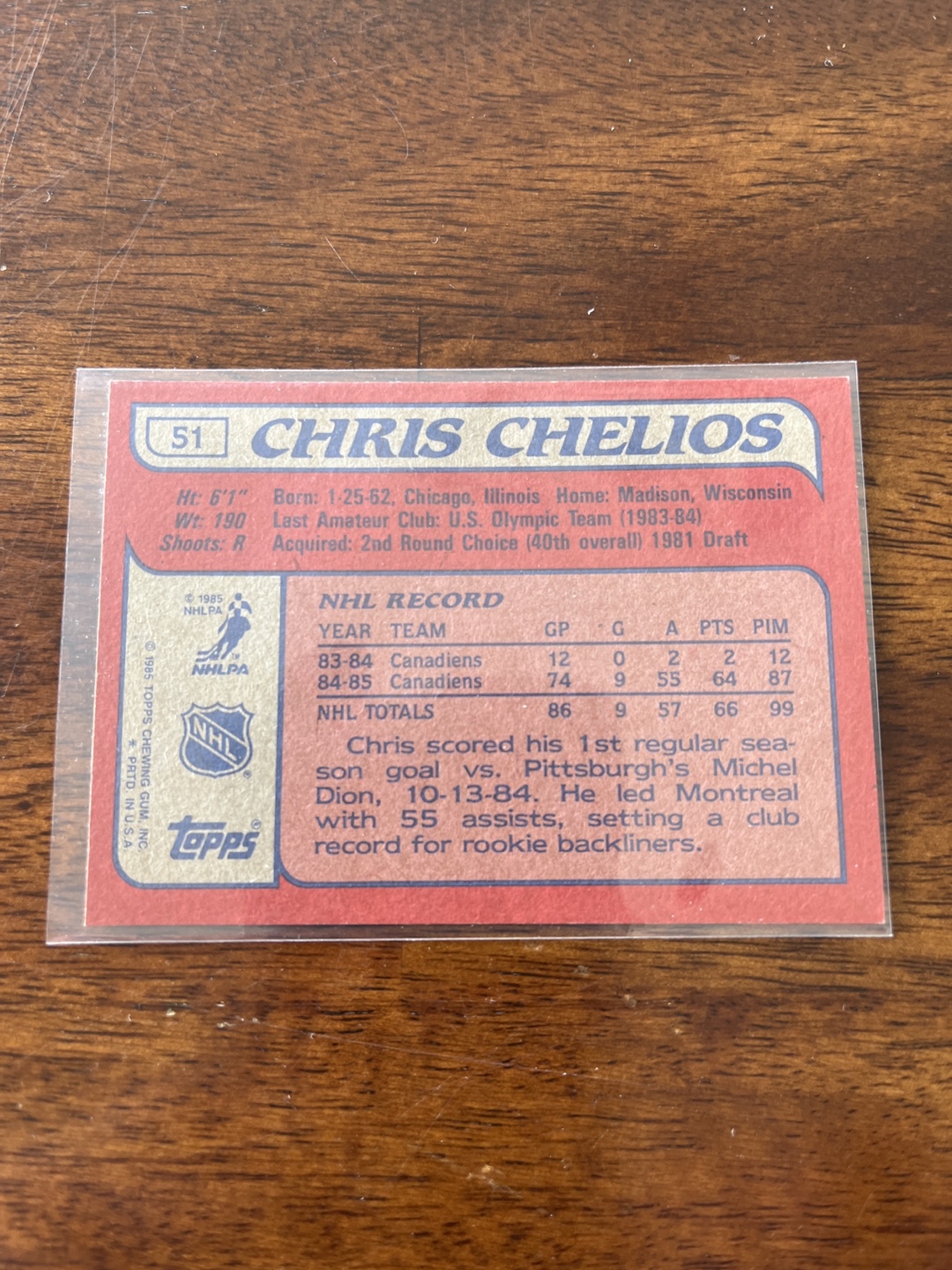 Chris Chelios 1984-85 Topps Hockey Card #51 - photo 2