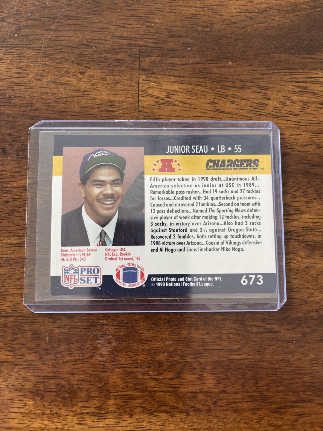 1990 Pro Set Junior Seau Chargers Football Card #673 - photo 2