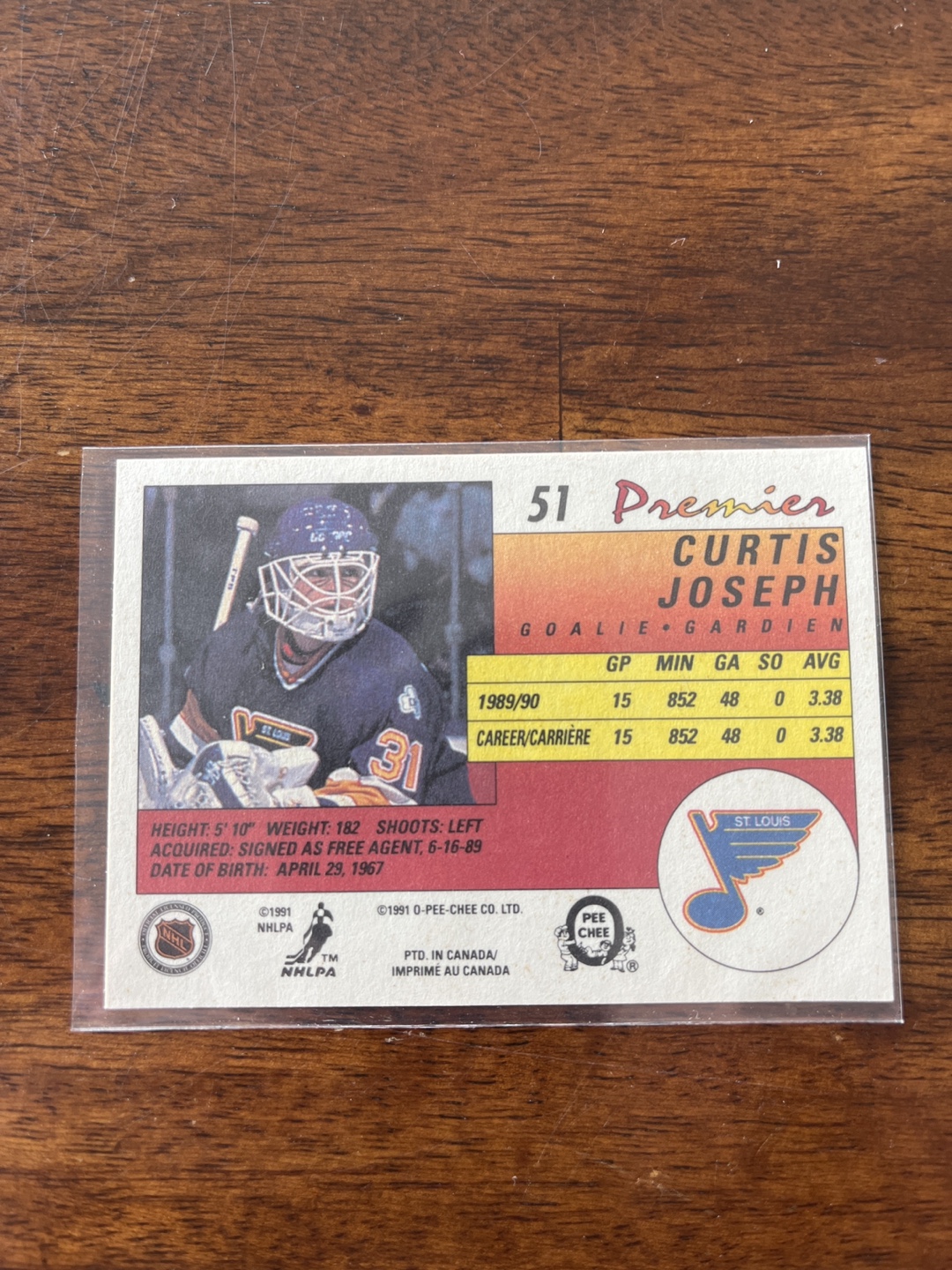 Curtis Joseph ROOKIE O-Pee-Chee Premier Hockey Card #51 - photo 2