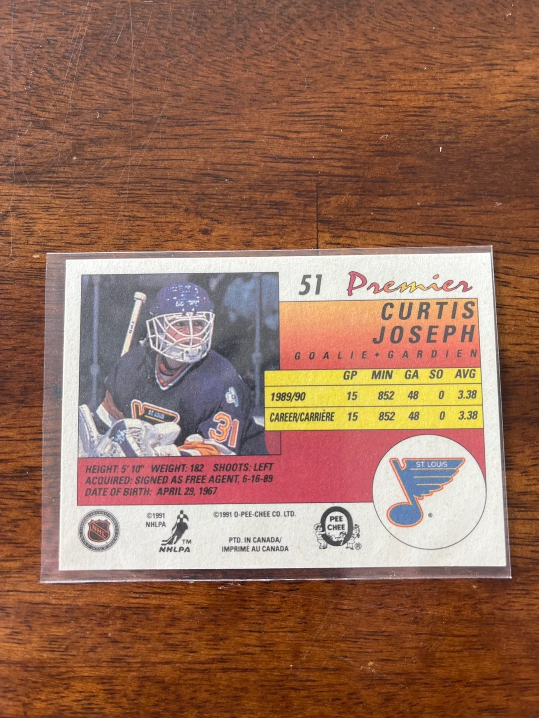 Curtis Joseph ROOKIE O-Pee-Chee Premier Hockey Card #51 image indicator(2)