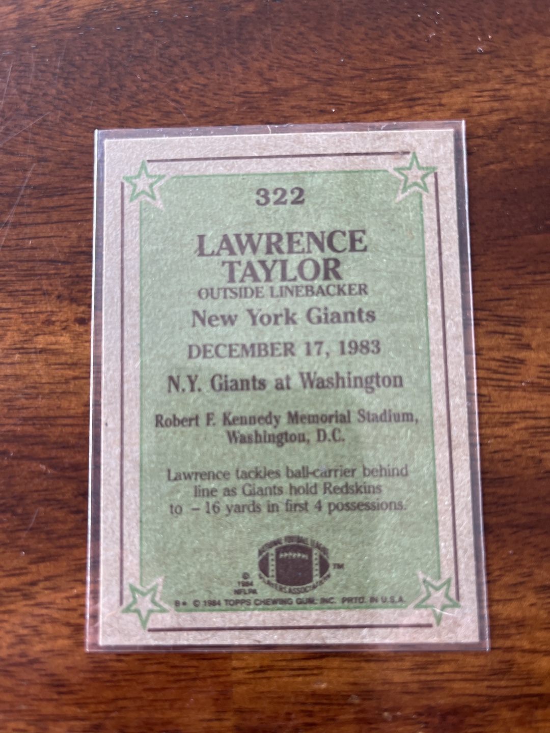 1984 Topps Lawrence Taylor #322 Instant Replay Football Card - photo 2