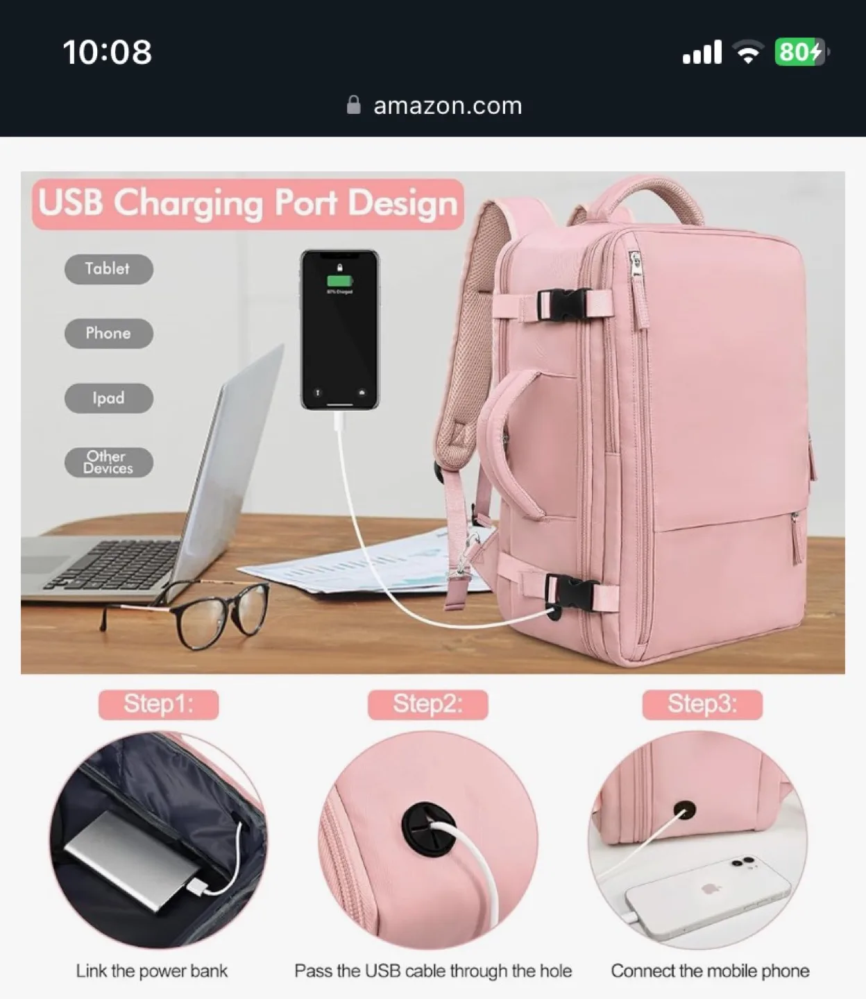 Pink Dual-Purpose Backpack - Carry-on Travel Bag image indicator(4)