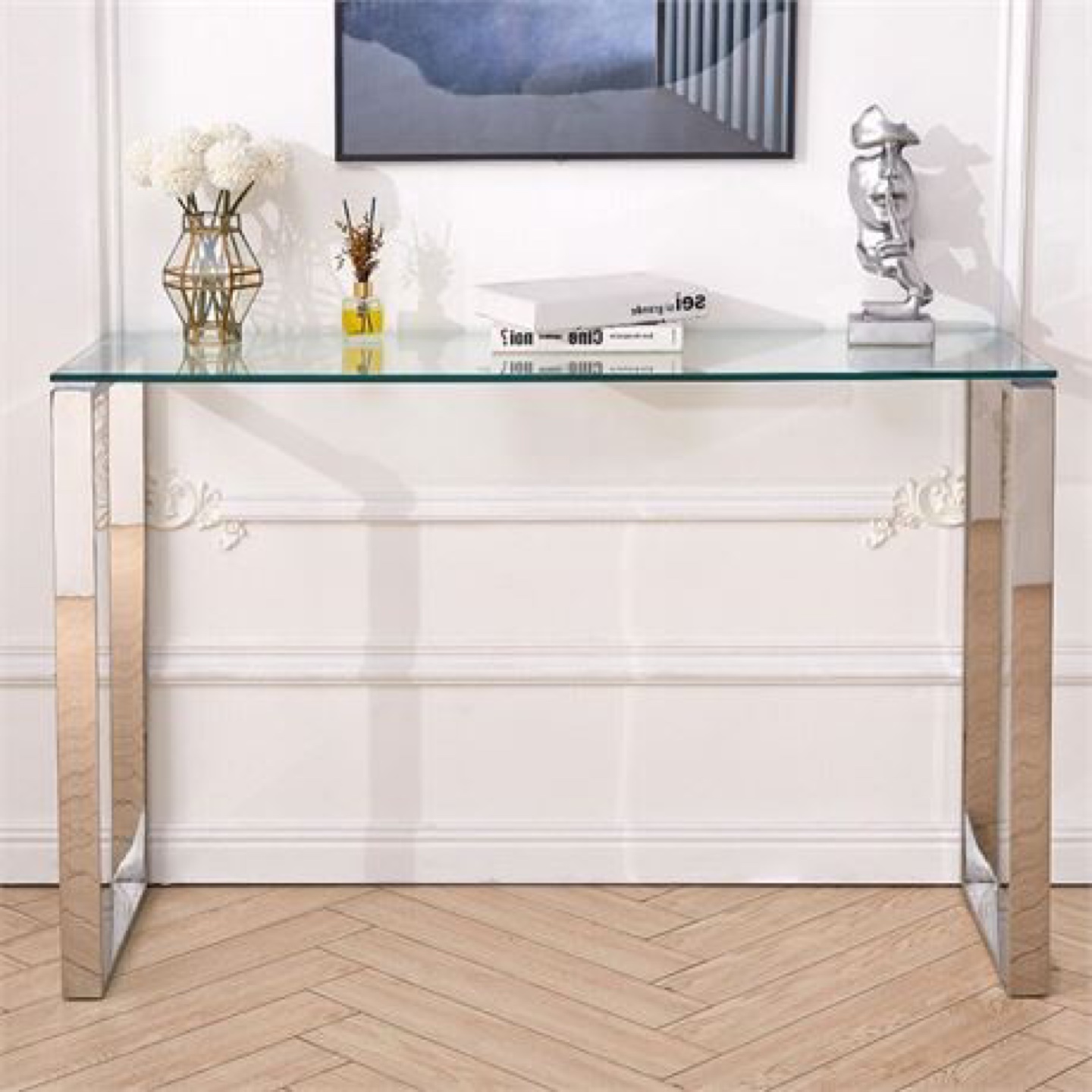 Modern Glass Console Table with Chrome Legs