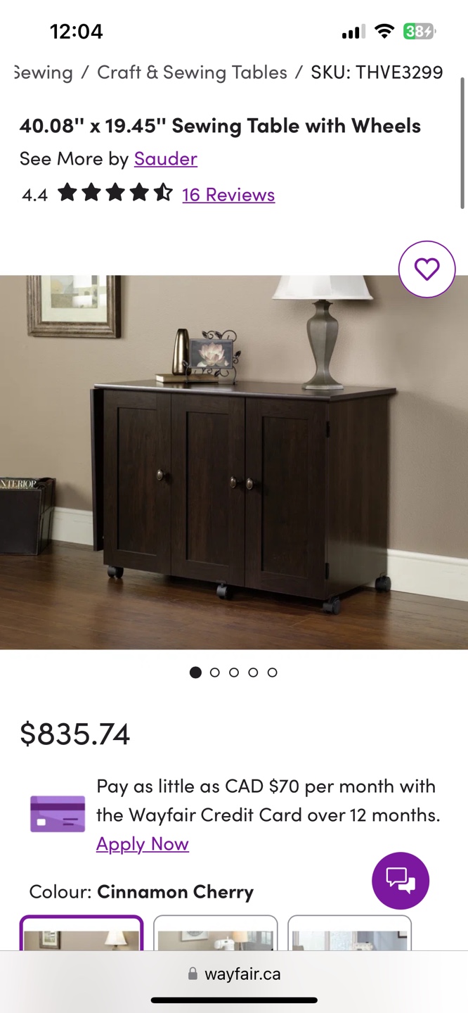 New Sauder Sewing Table with Wheels