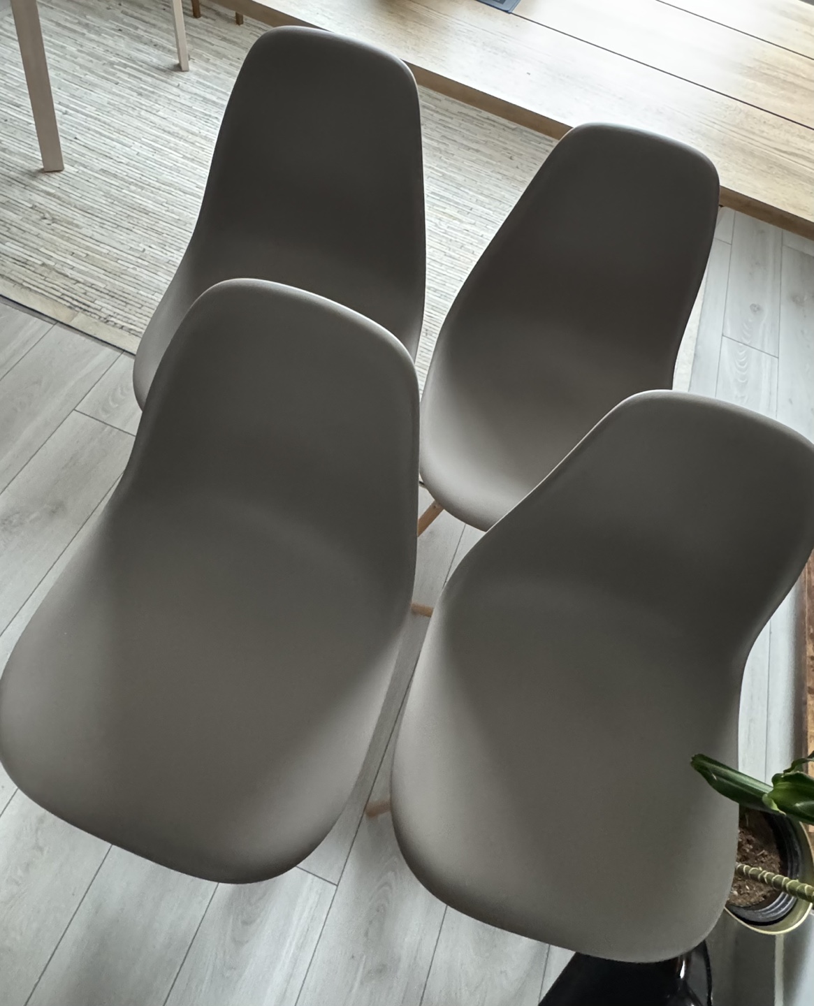 Set of Four Grey Plastic Dining Chairs with Wooden Legs - photo 2