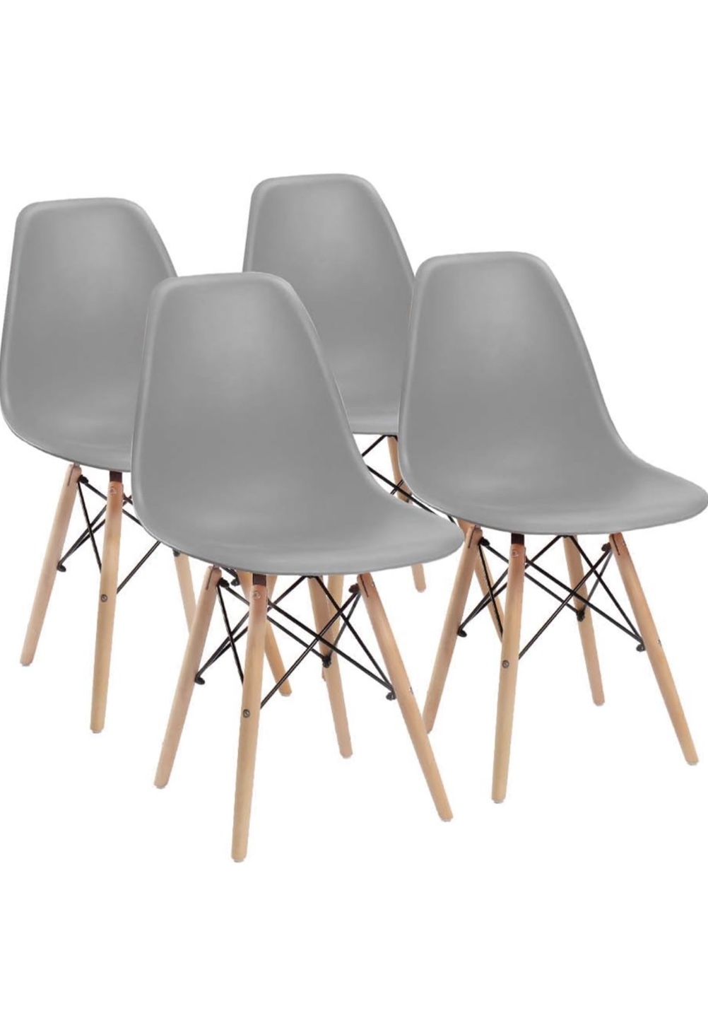 Set of Four Grey Plastic Dining Chairs with Wooden Legs