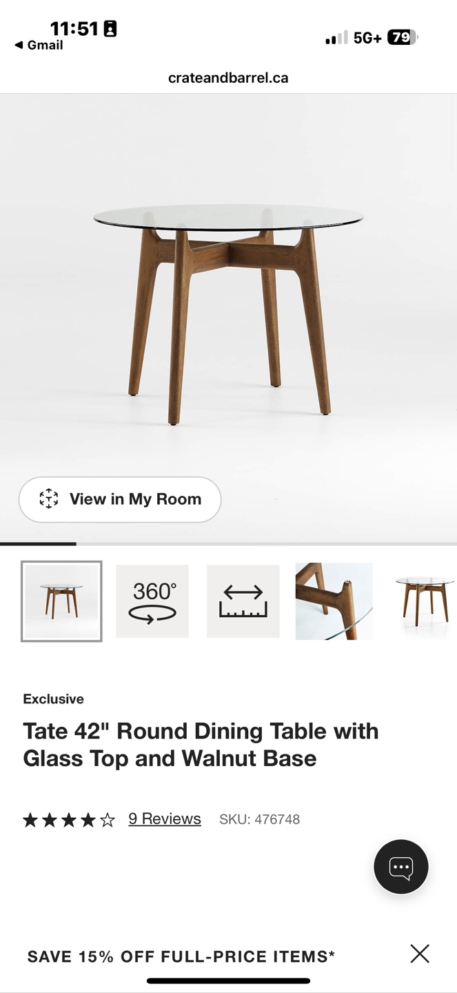 Crate & Barrel Tate 42" Round Glass Dining Table