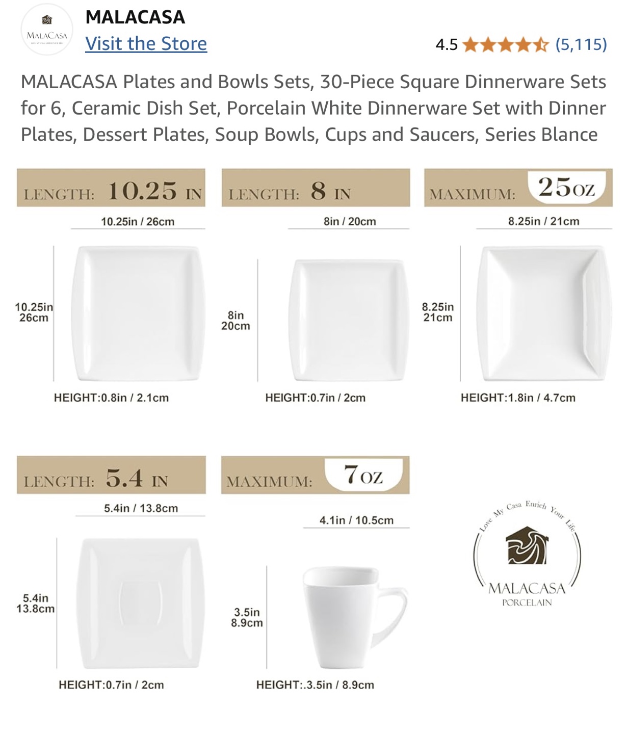 MALACASA 30-Piece Square BRAND NEW Dinnerware Set, Series Blanc - photo 4