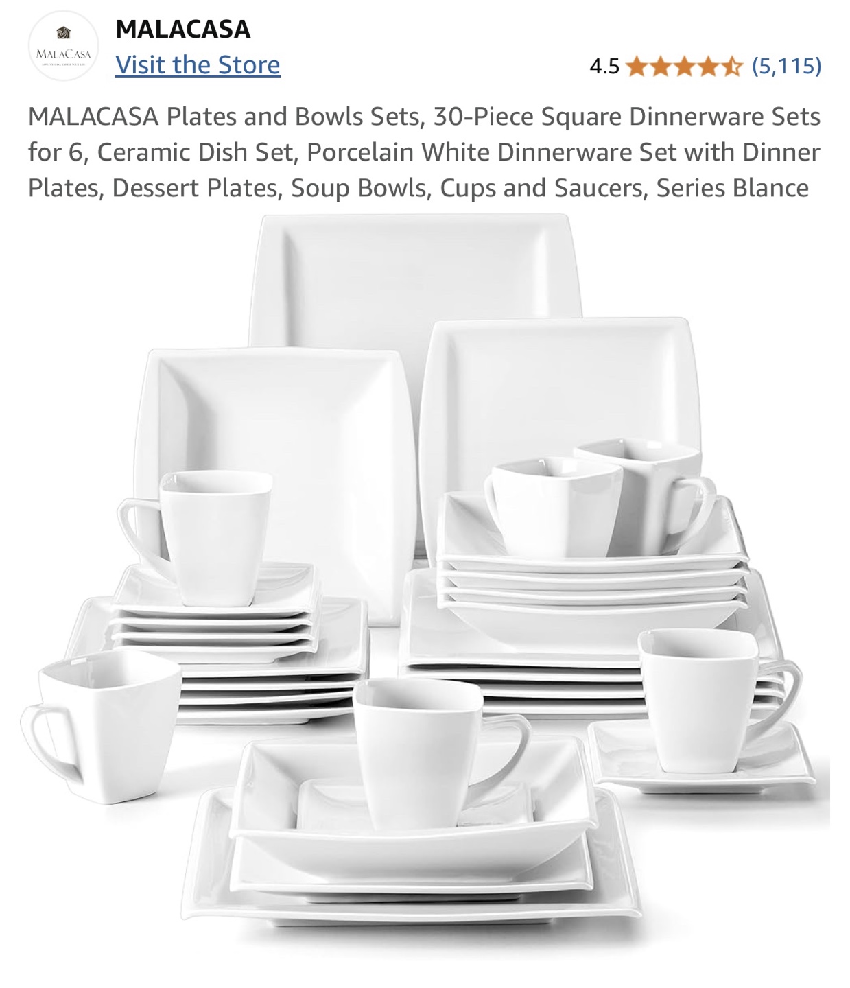 MALACASA 30-Piece Square BRAND NEW Dinnerware Set, Series Blanc