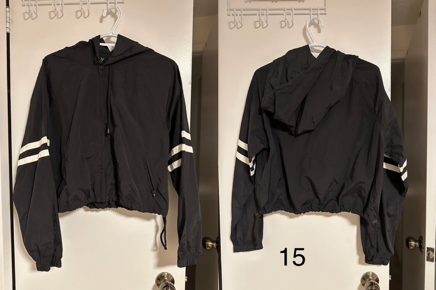 Black cropped windbreaker with white stripes