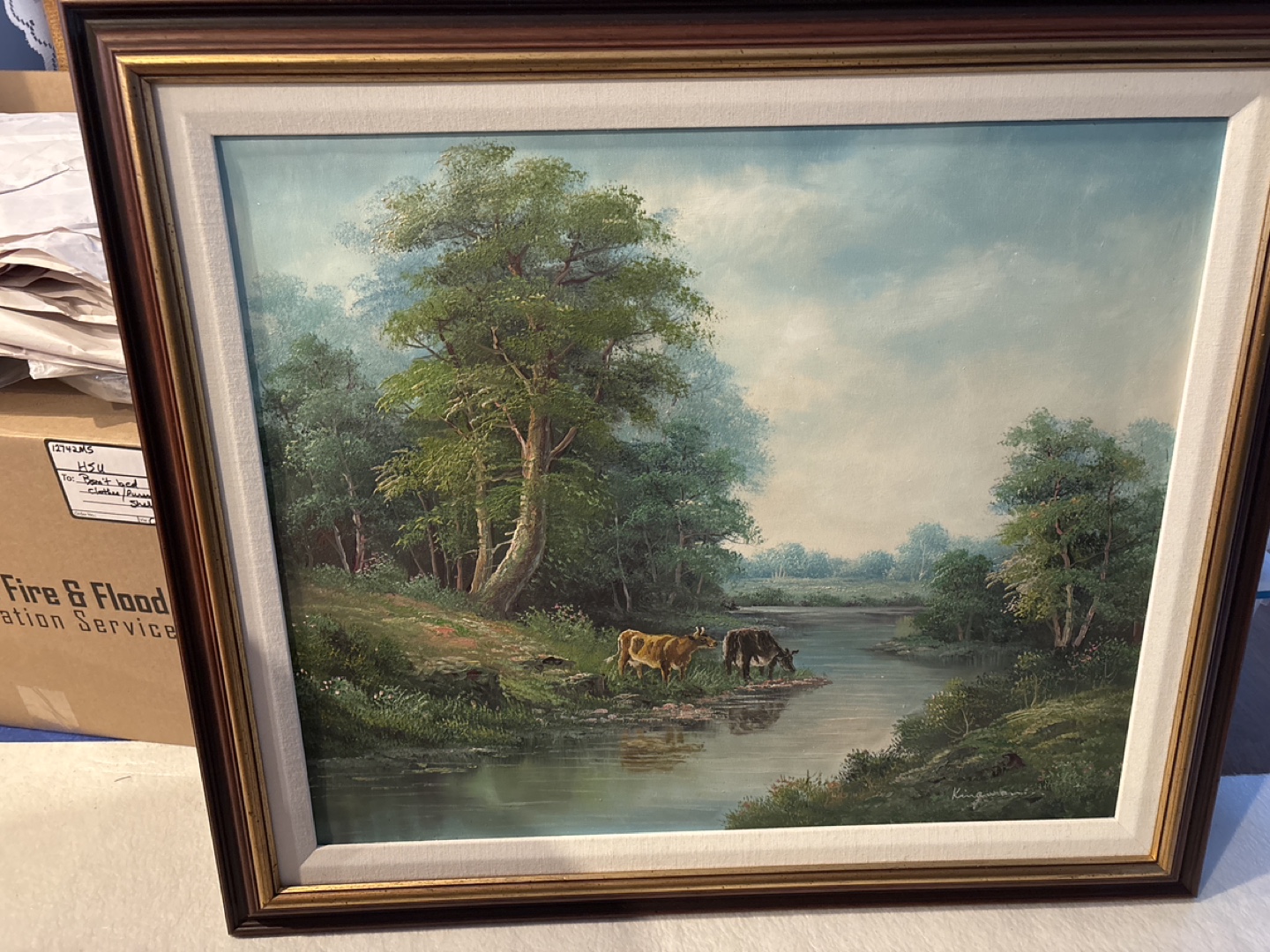 Framed Landscape Painting with Cows