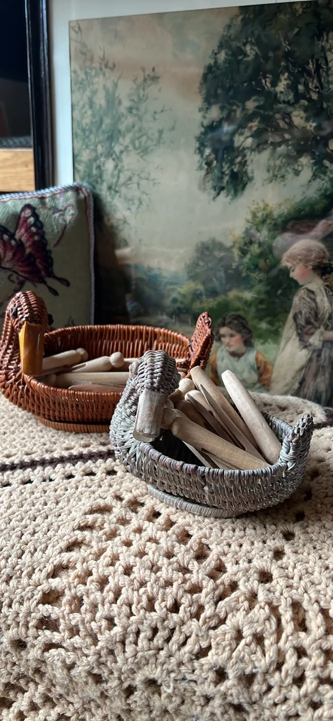 Two Vintage Duck-Shaped Baskets with Clothespins thumbnail