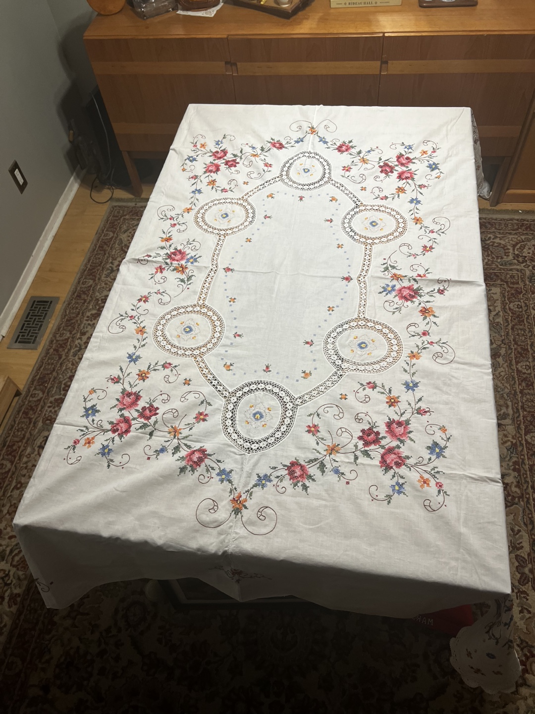 Vintage Hand-Embroidered Tablecloth with Lace