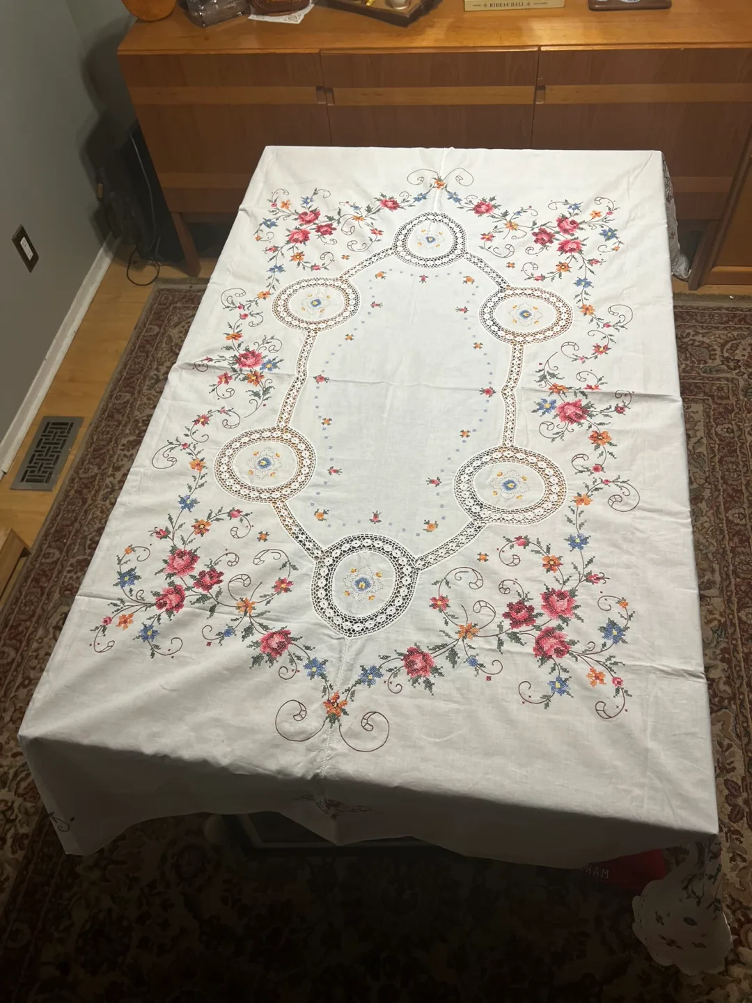 Vintage Hand-Embroidered Tablecloth with Lace thumbnail