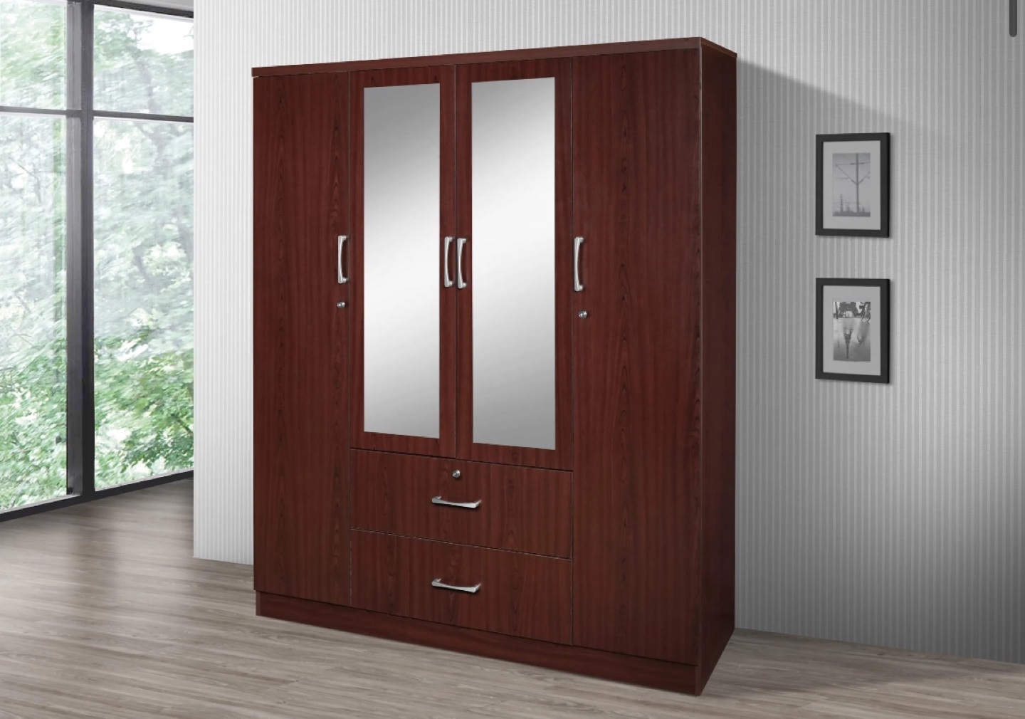 4-Door Wardrobe with Mirrored Doors and Drawers