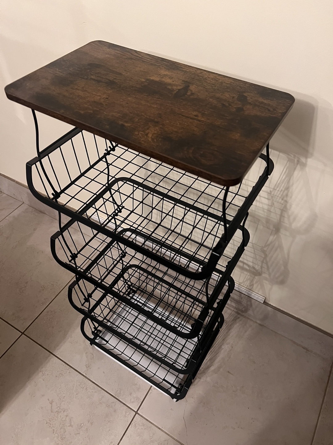 Black Metal 4-Tier Rolling Cart with Wooden Top