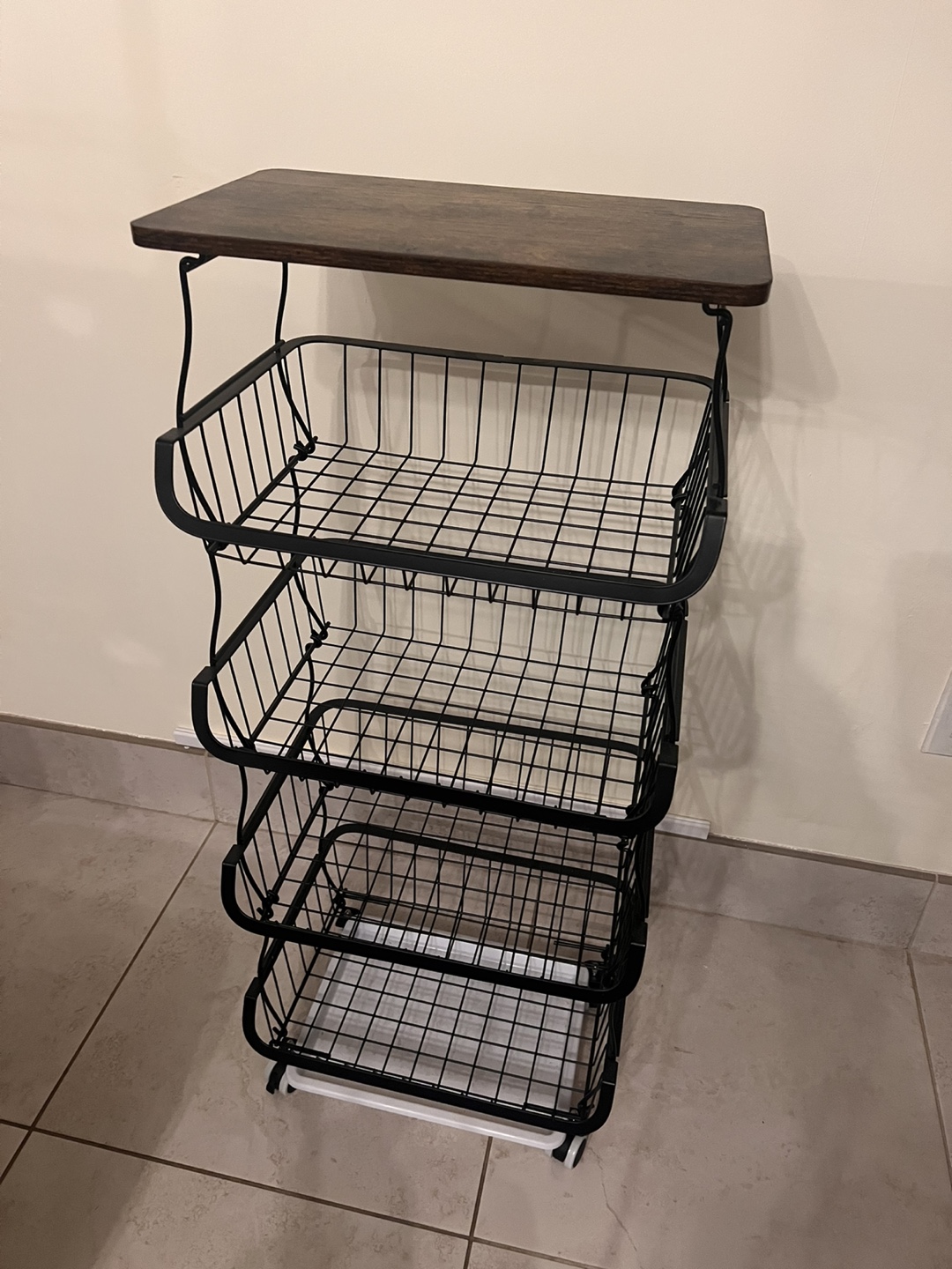 Black Metal 4-Tier Rolling Cart with Wooden Top - photo 2