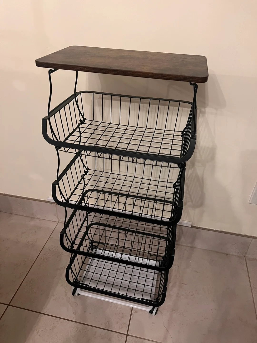 Black Metal 4-Tier Rolling Cart with Wooden Top image indicator(2)