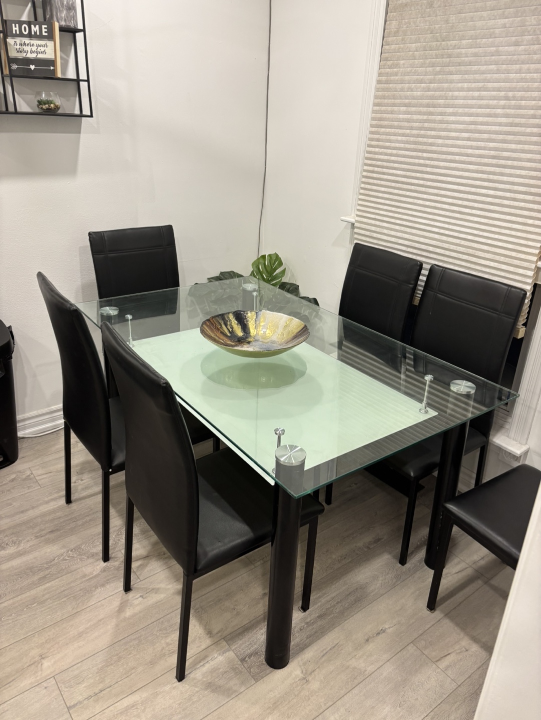 Glass Top Dining Table Set with 6 Black PU Leather Chairs