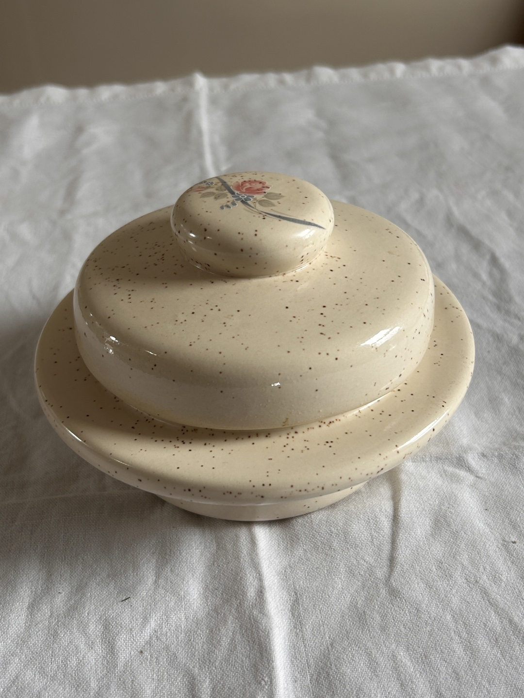 Vintage Speckled Cream Ceramic Butter Dish with Lid