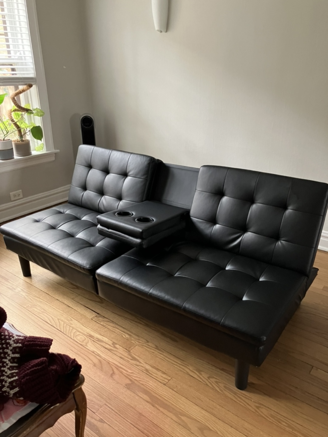 Black Faux Leather Futon Sofa Bed with Cup Holders