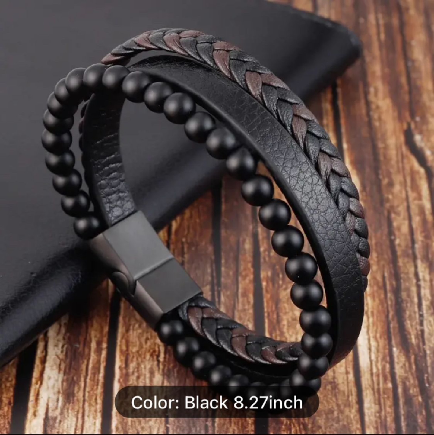 Men's Black Leather Bracelet with Onyx Beads