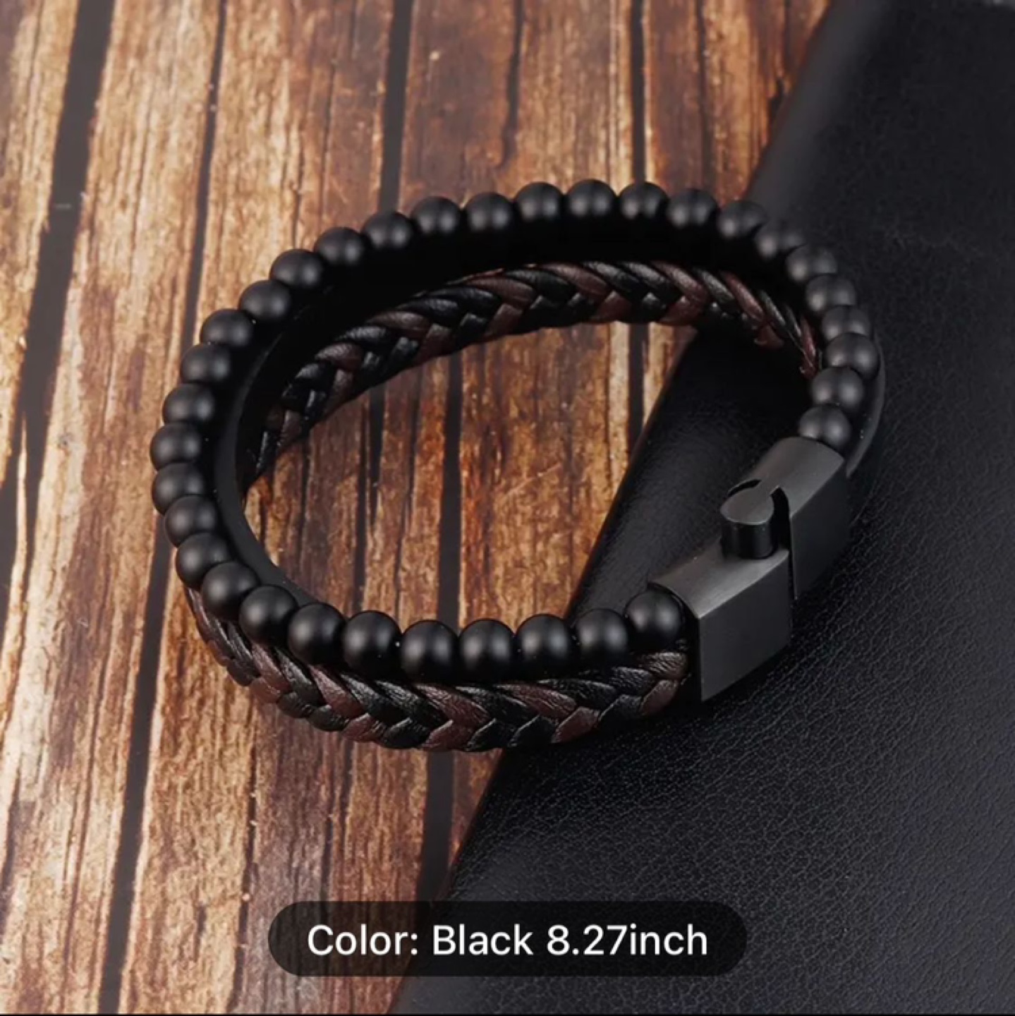 Men's Black Leather Bracelet with Onyx Beads - photo 3