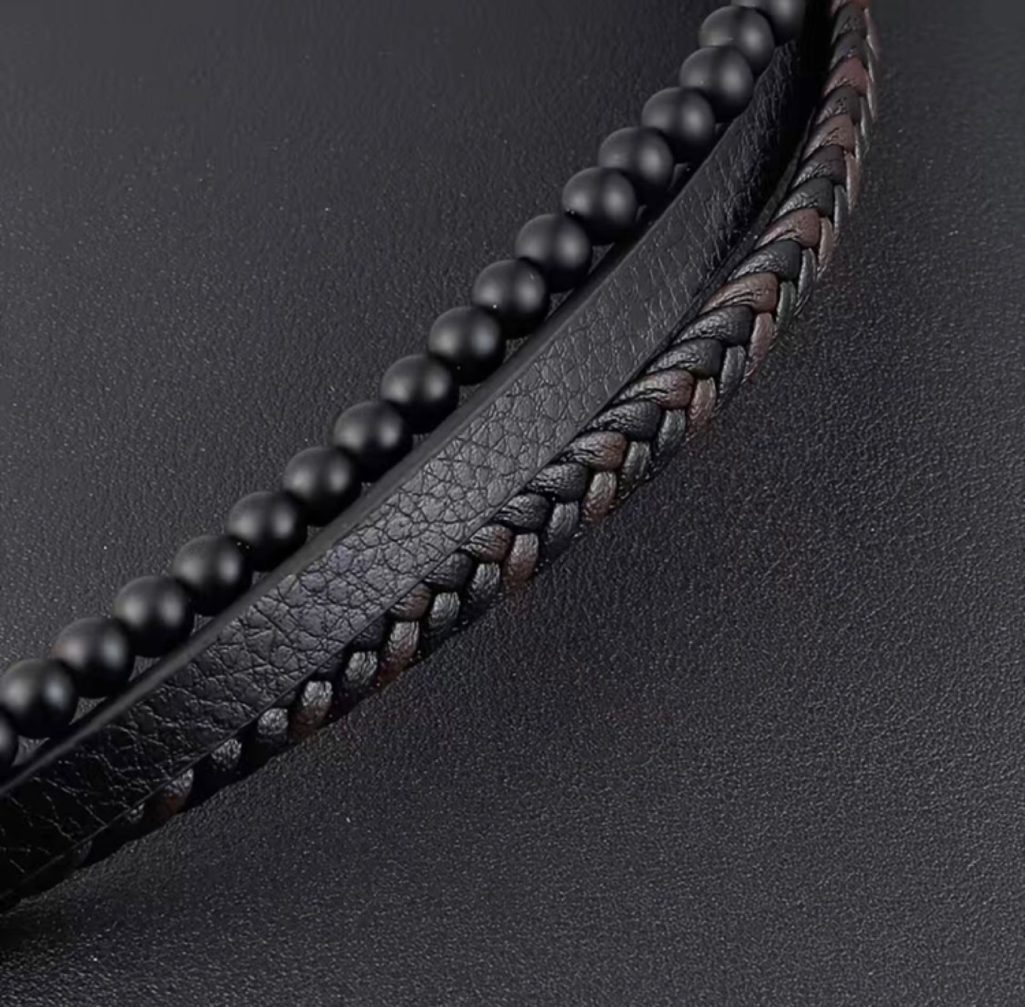 Men's Black Leather Bracelet with Onyx Beads - photo 2
