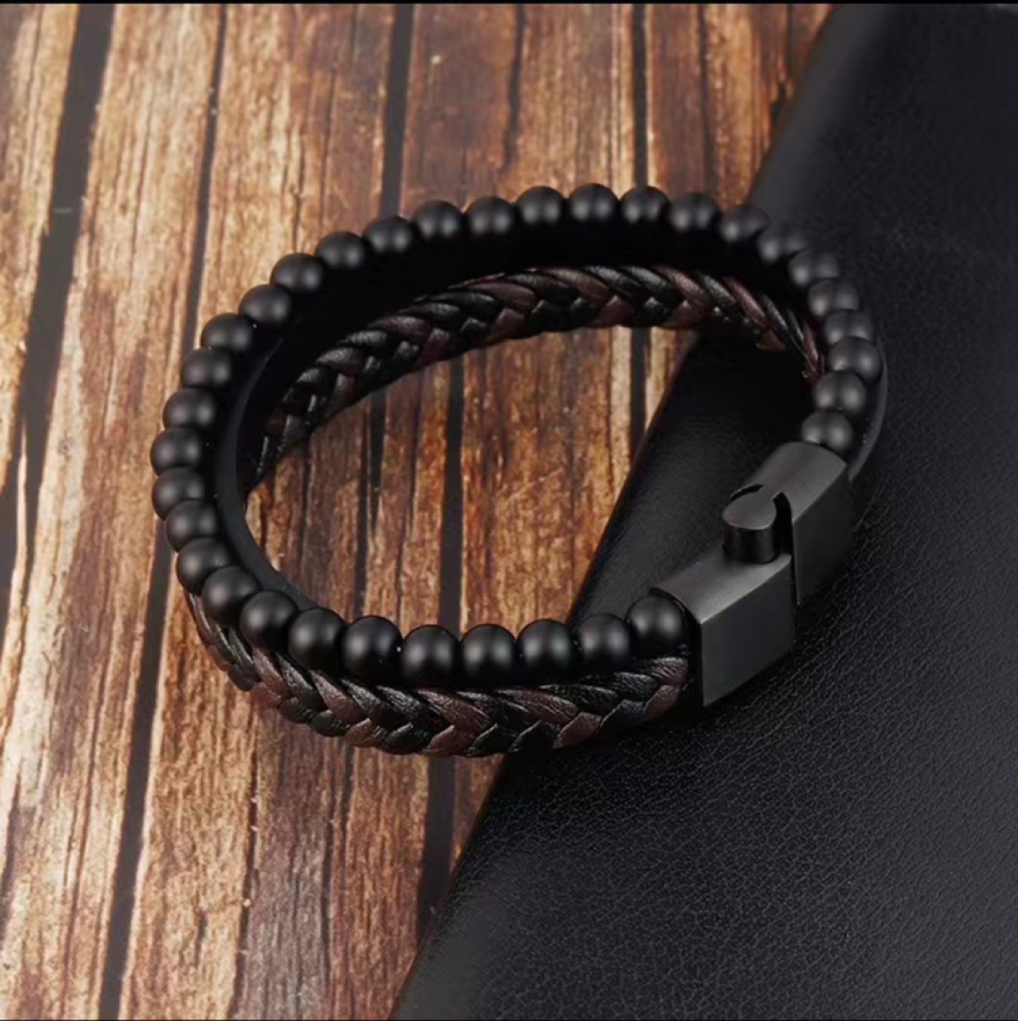 Men's Black Leather Bracelet with Onyx Beads - photo 4