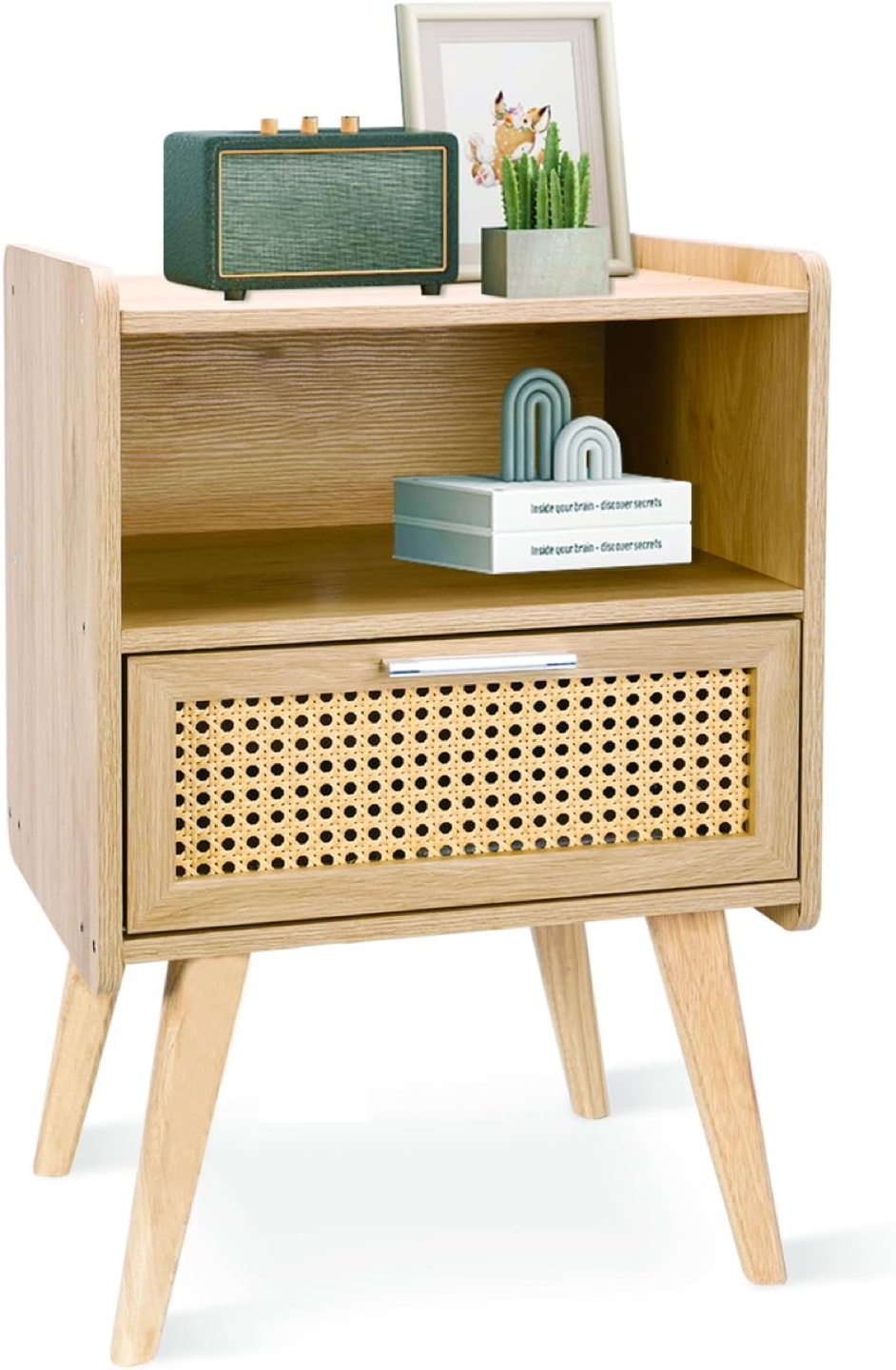 Mid-Century Modern Nightstand with Rattan Drawer