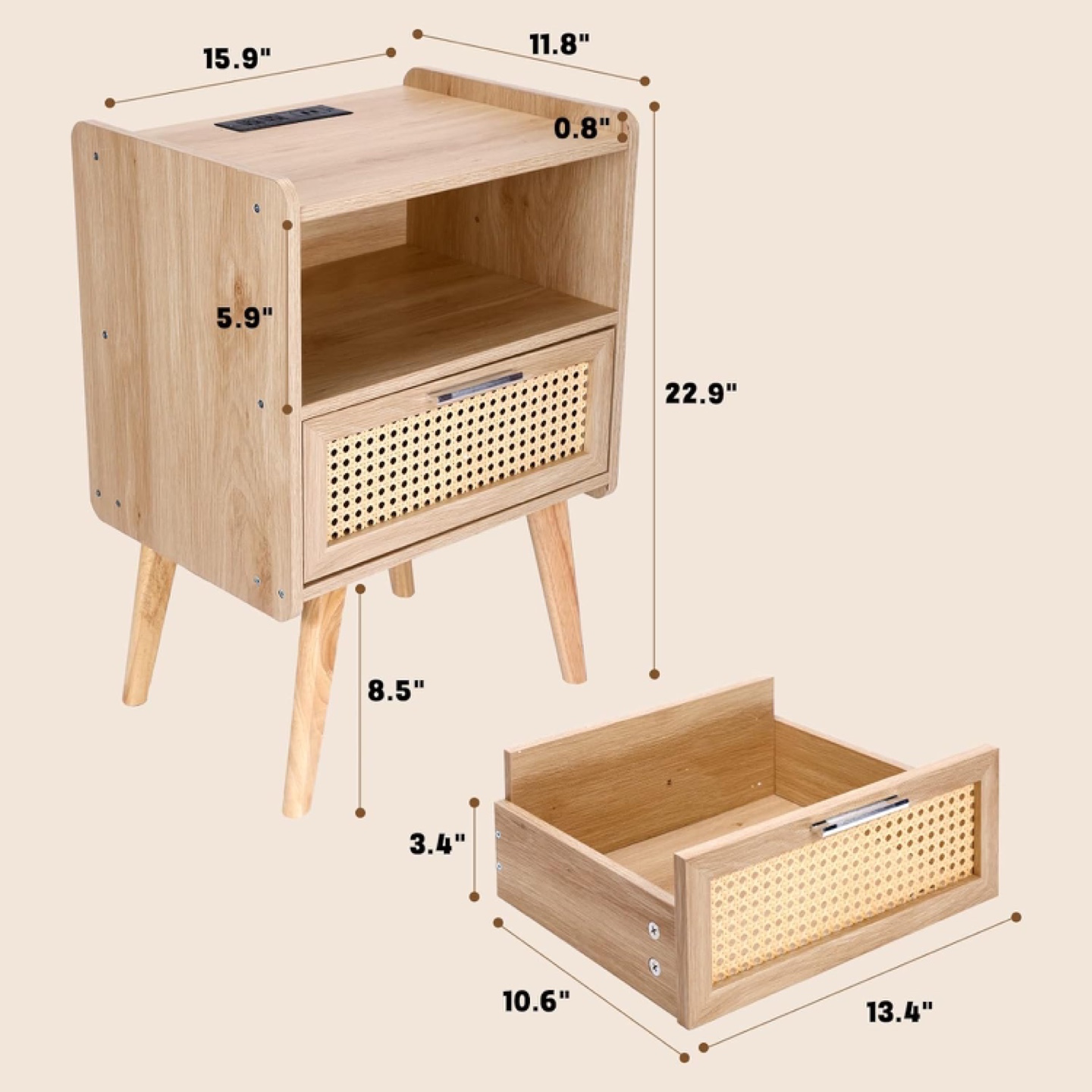 Mid-Century Modern Nightstand with Rattan Drawer - photo 3
