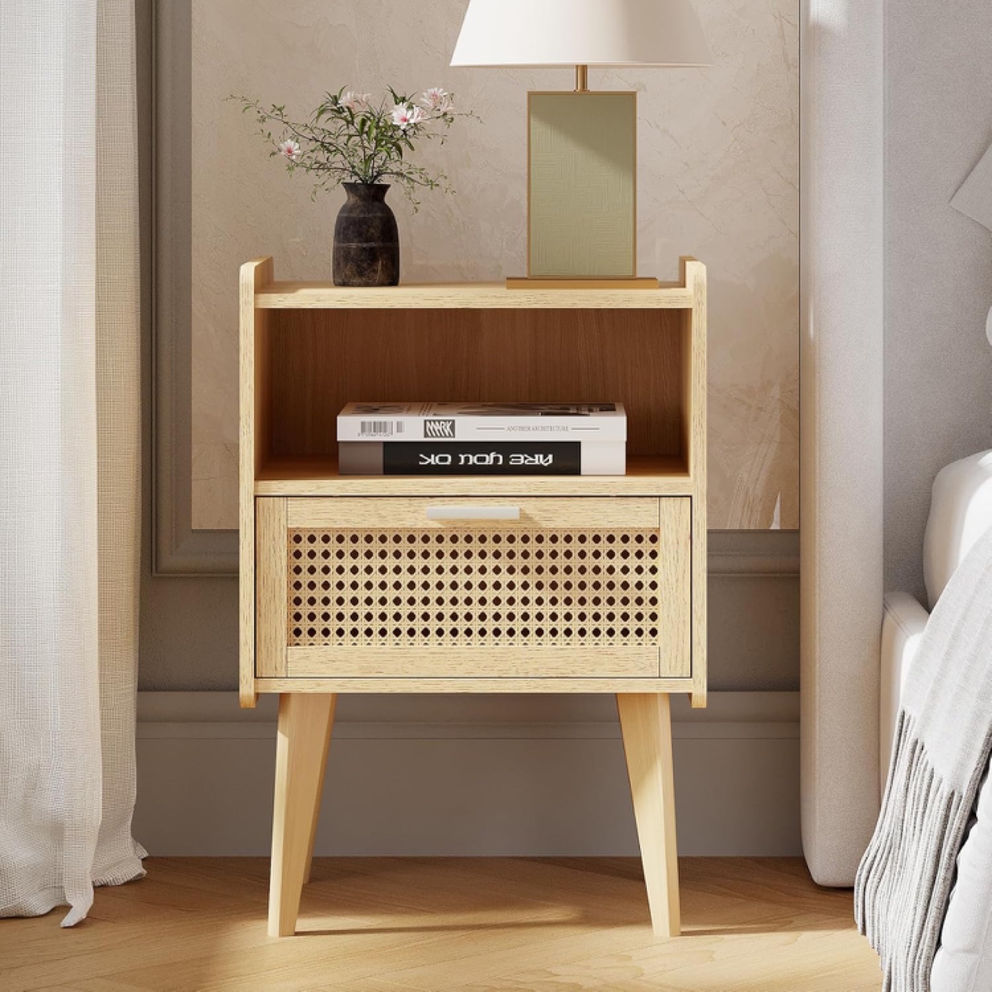 Mid-Century Modern Nightstand with Rattan Drawer - photo 2
