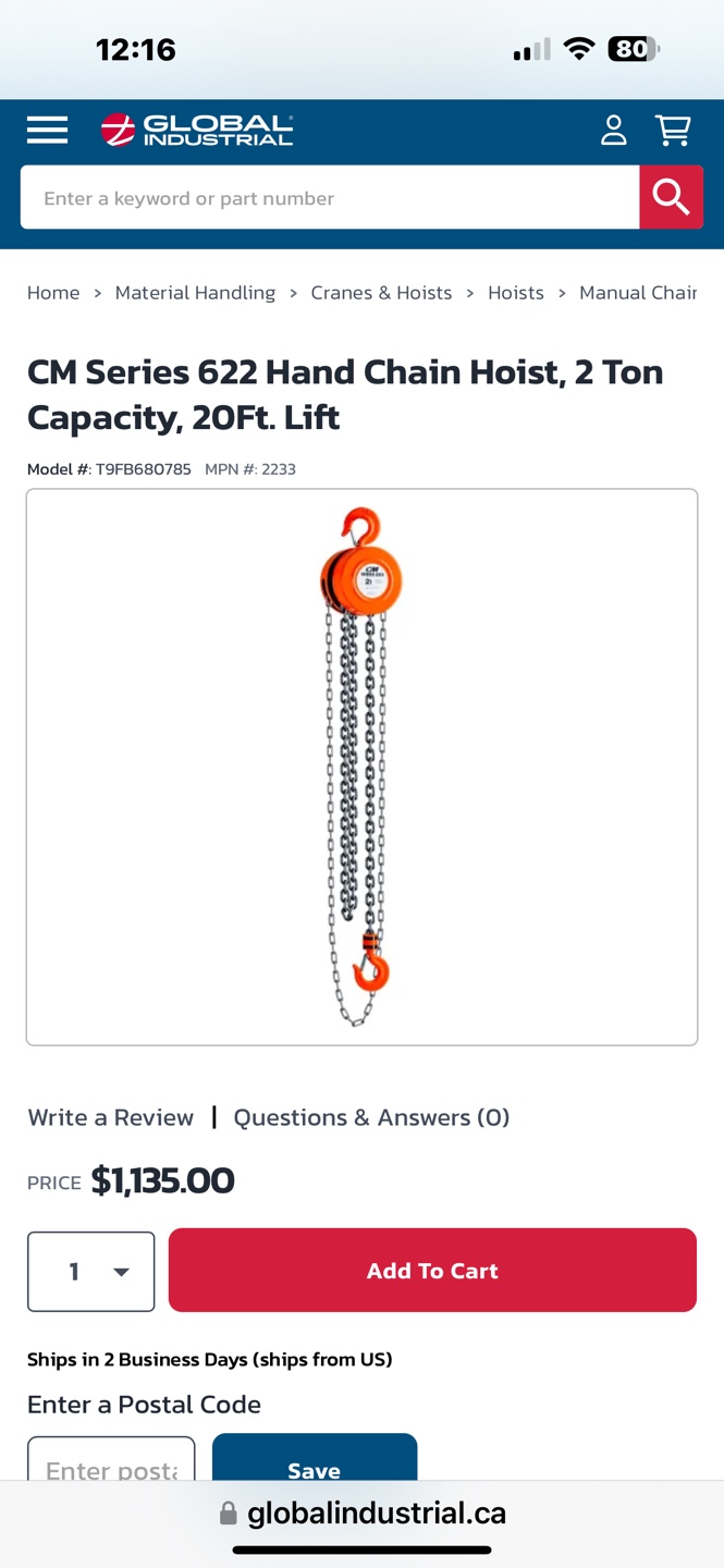 CM Series 622 Hand Chain Hoist, 2 Ton Capacity