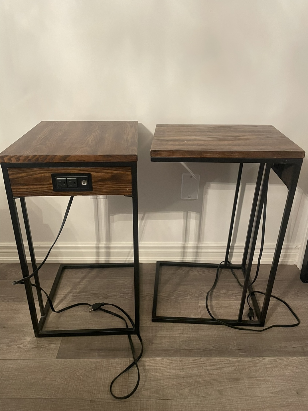 Pair of Industrial Style End Tables with USB and Outlets