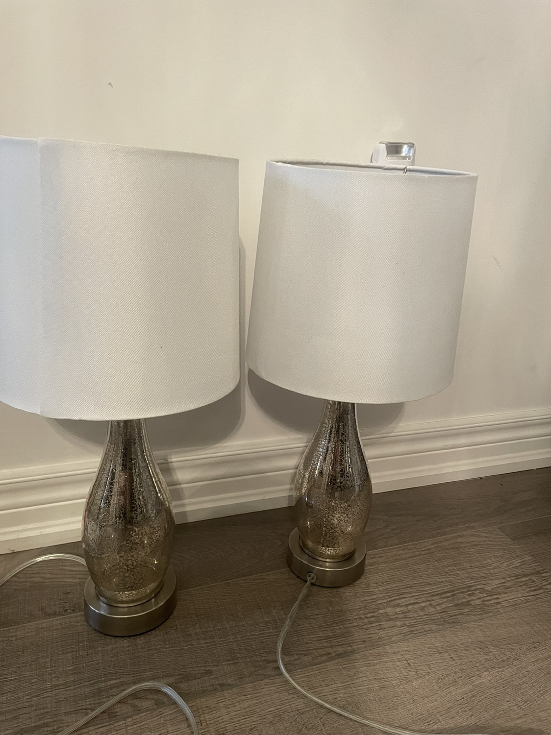 Pair of Gold Mercury Glass Table Lamps with White Shades