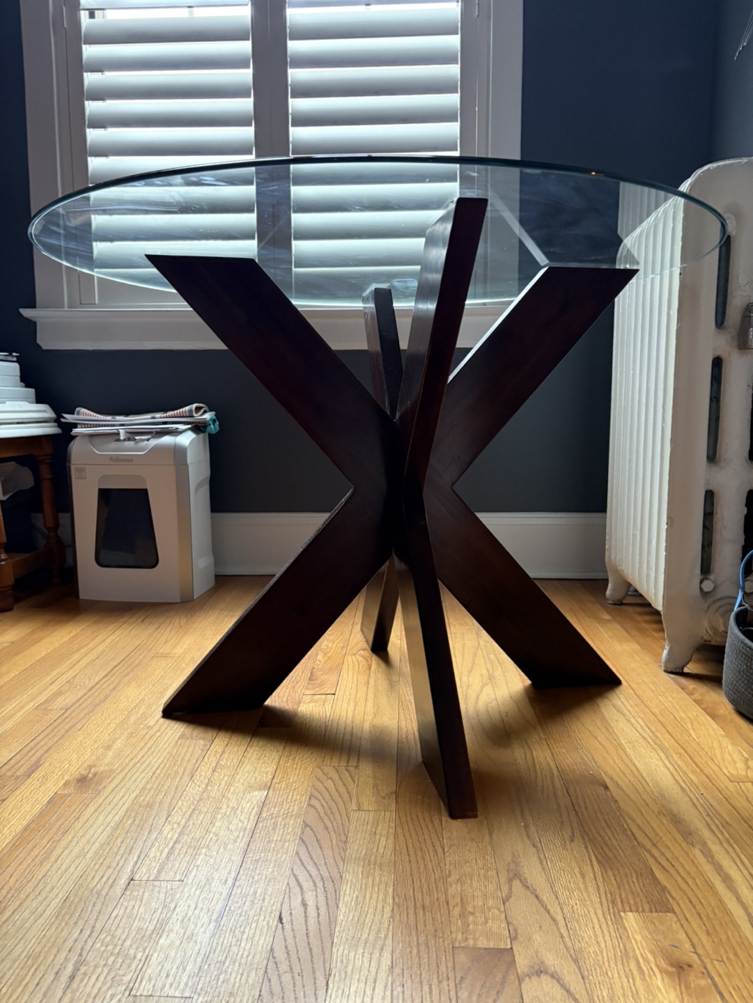Round Glass Dining Table with Dark Wood Base - photo 2