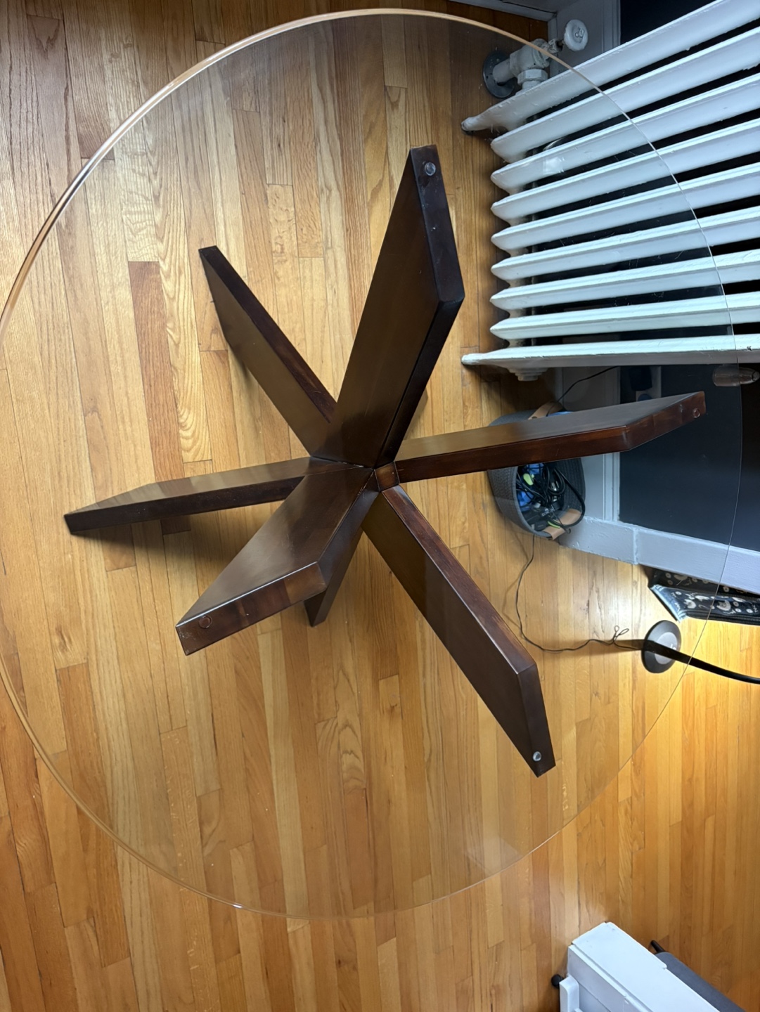 Round Glass Dining Table with Dark Wood Base - photo 3