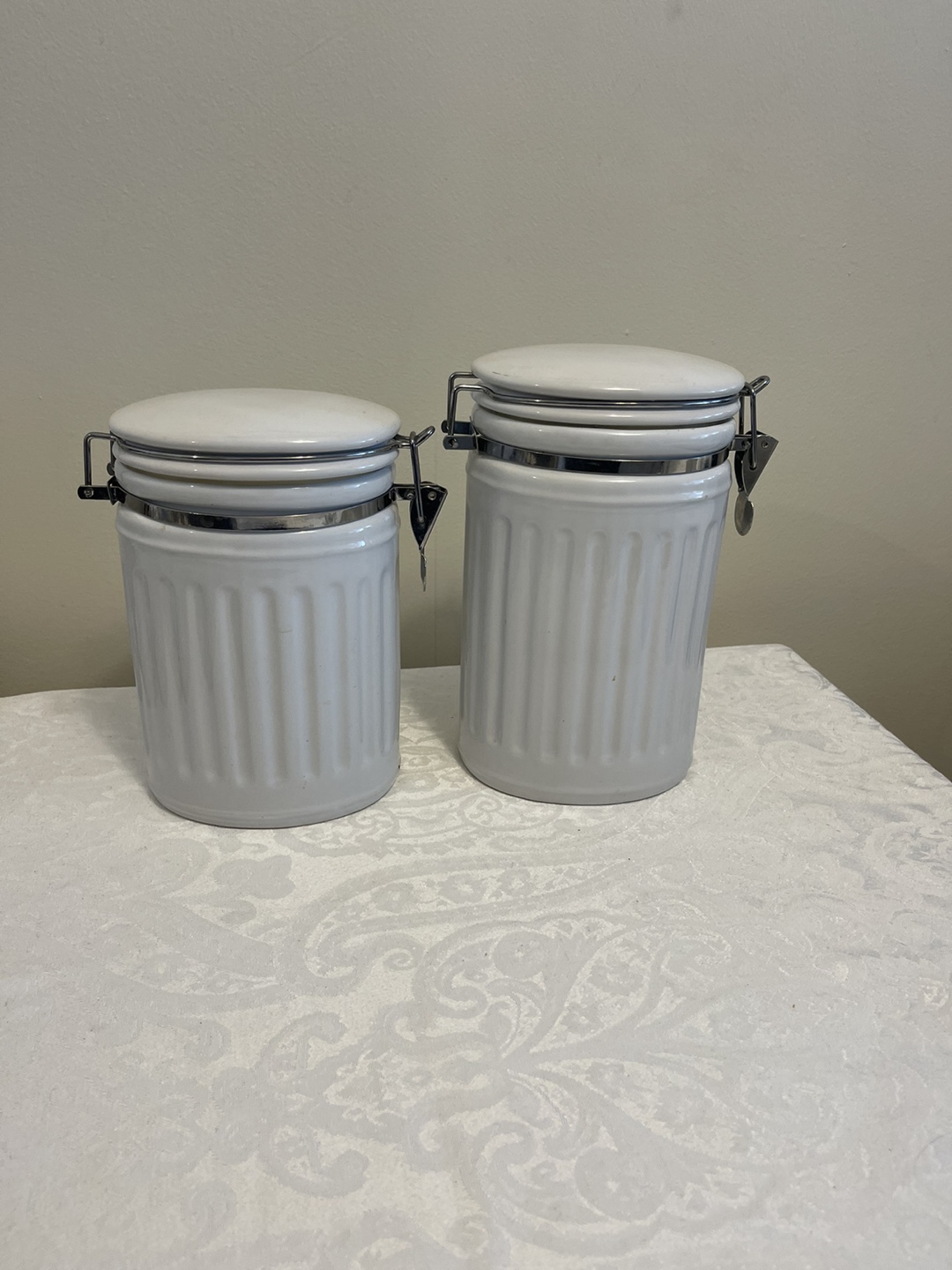 Set of Two White Ceramic Canisters with Lids