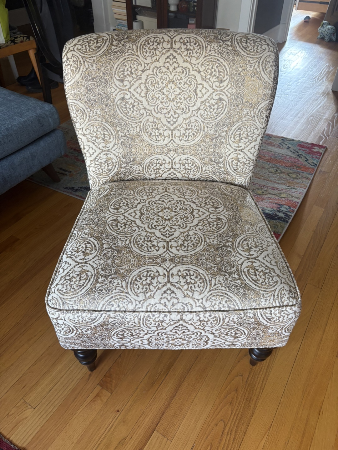 Accent Chair, Gold and Beige Damask Upholstery