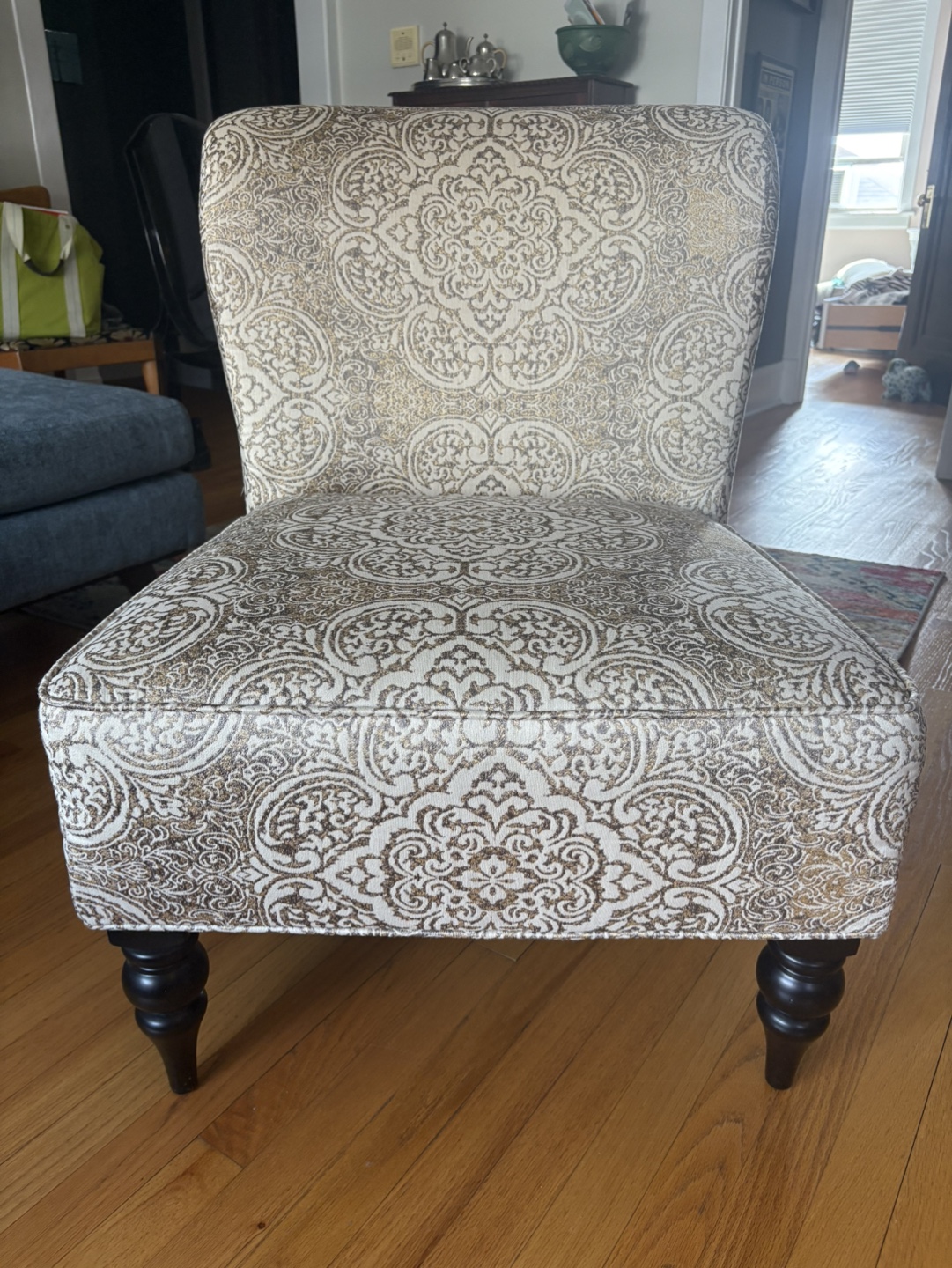 Accent Chair, Gold and Beige Damask Upholstery - photo 2