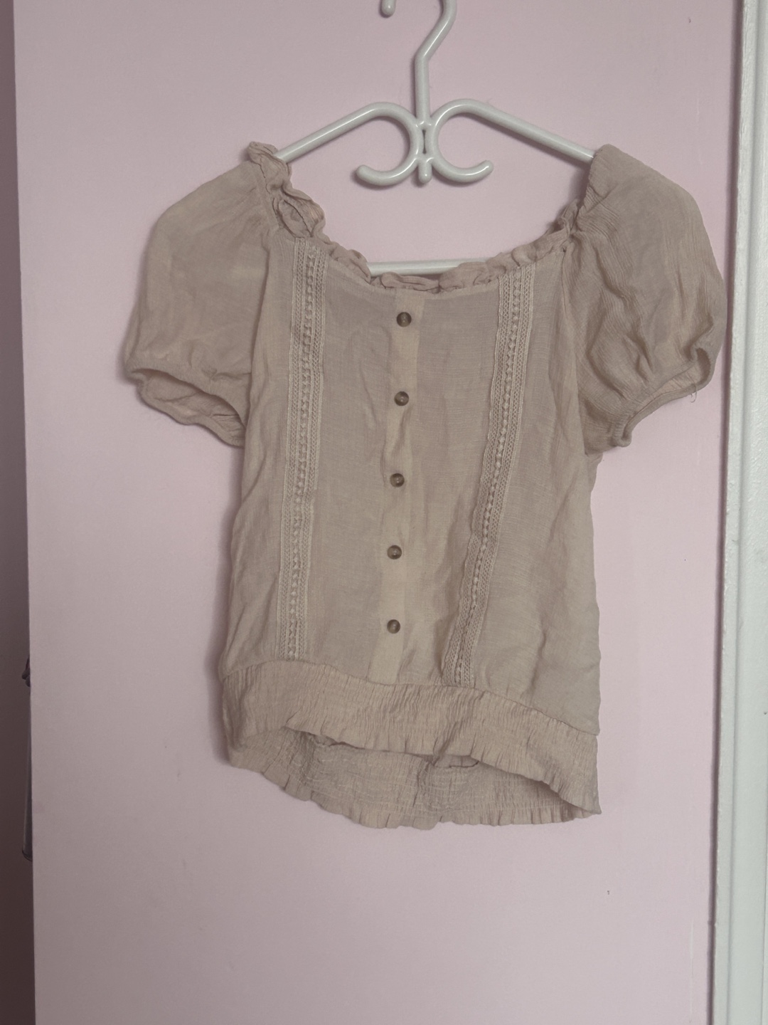 Beige Crochet Detail Button-Up Blouse
