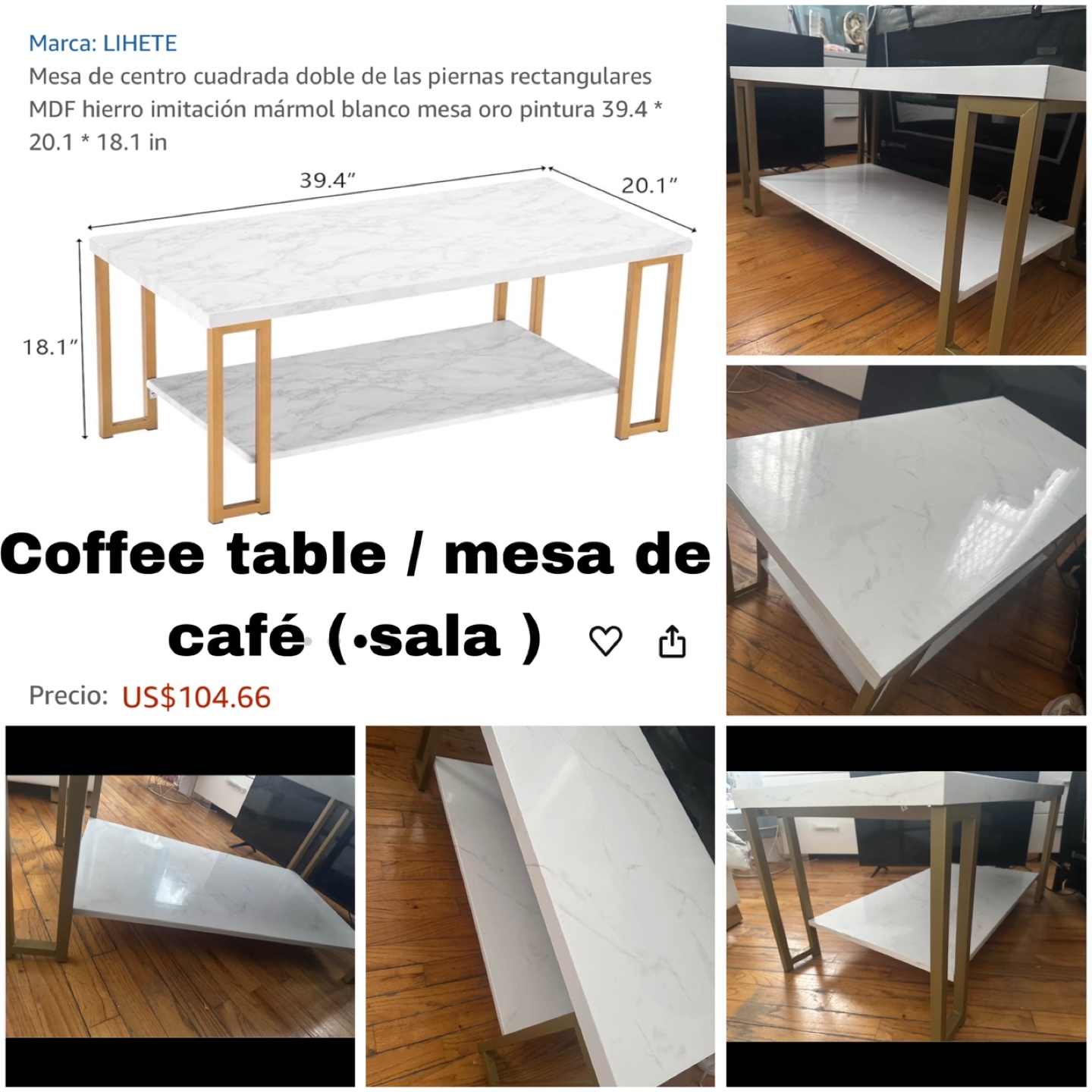 LIHETE Modern Coffee Table with Gold Legs