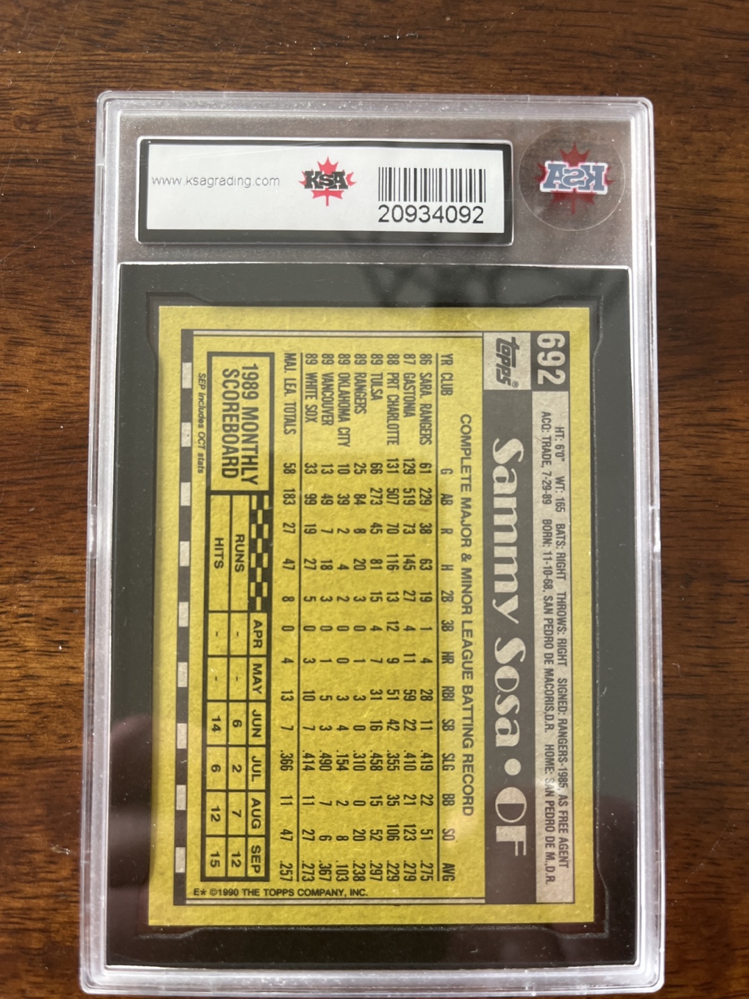 1990 Topps Sammy Sosa Rookie Card #692 - Graded PSA 9 Mint - photo 3