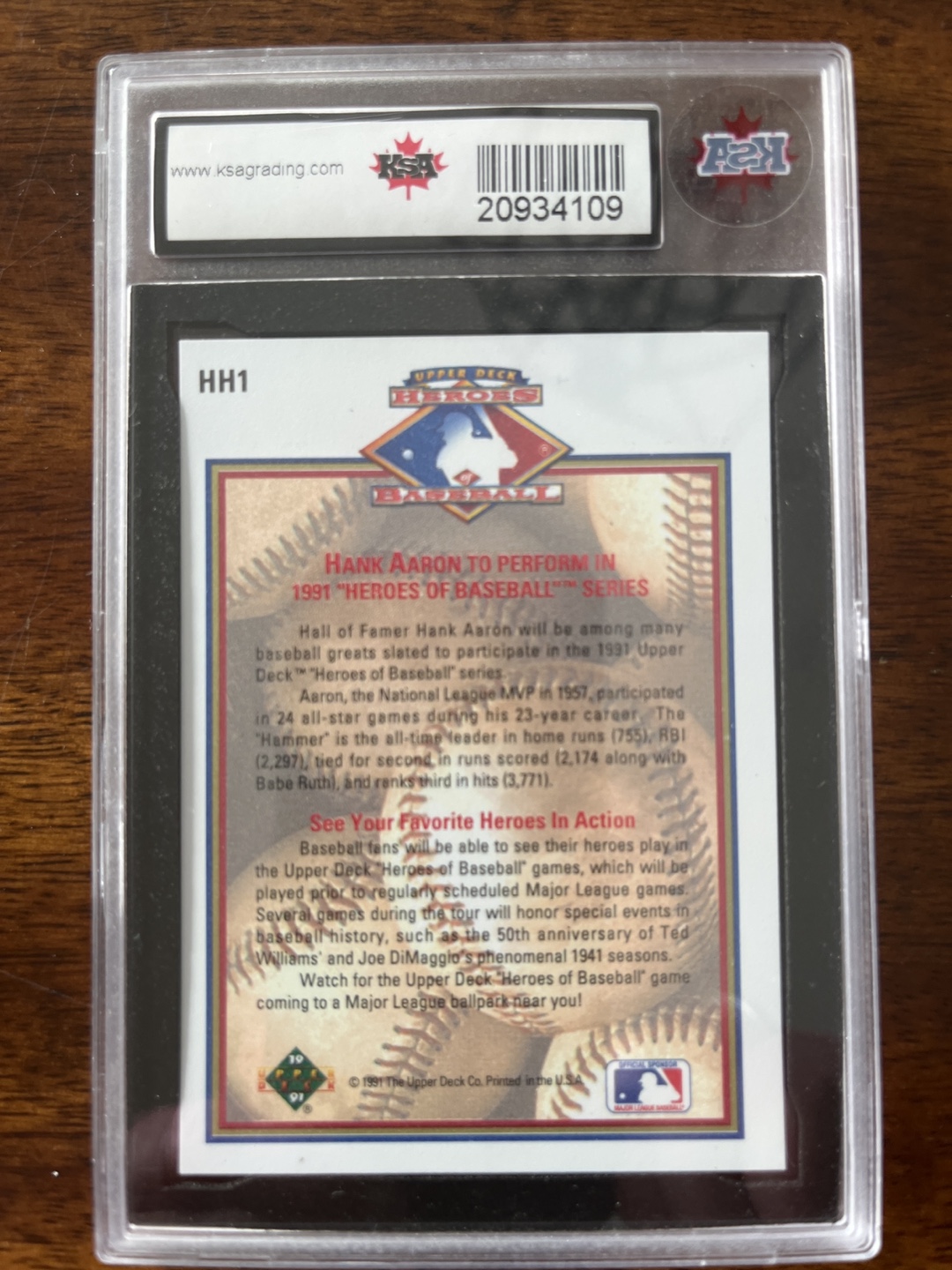 1991 Upper Deck Hank Aaron #HH1 Hologram- Graded 7.5 NM+ - photo 3