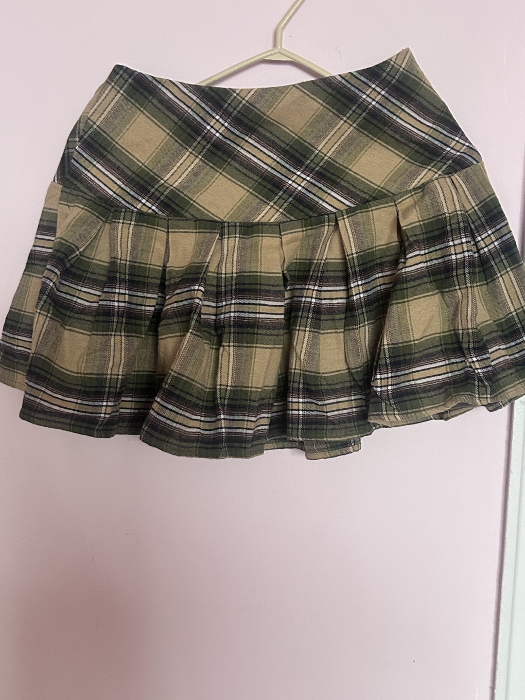 Pleated Green and Beige Plaid Mini Skirt