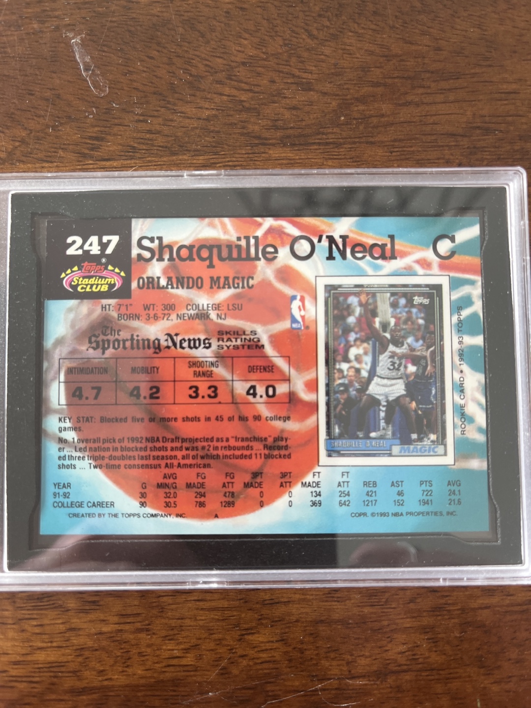 1992-93 Stadium Club Shaq Rookie Card #247 - Graded NM-MT 8 - photo 3