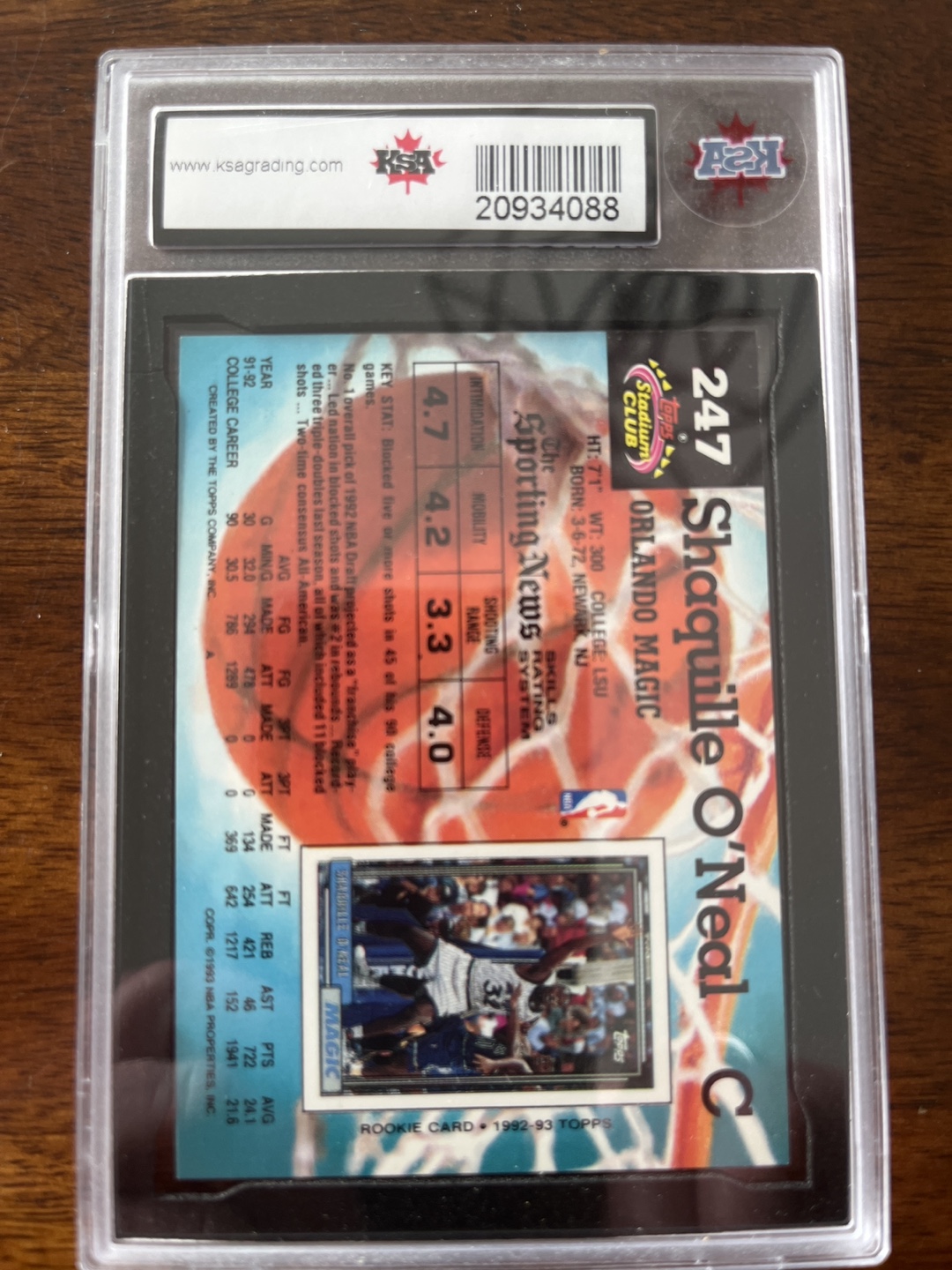 1992-93 Stadium Club Shaq Rookie Card #247 - Graded NM-MT 8 - photo 2
