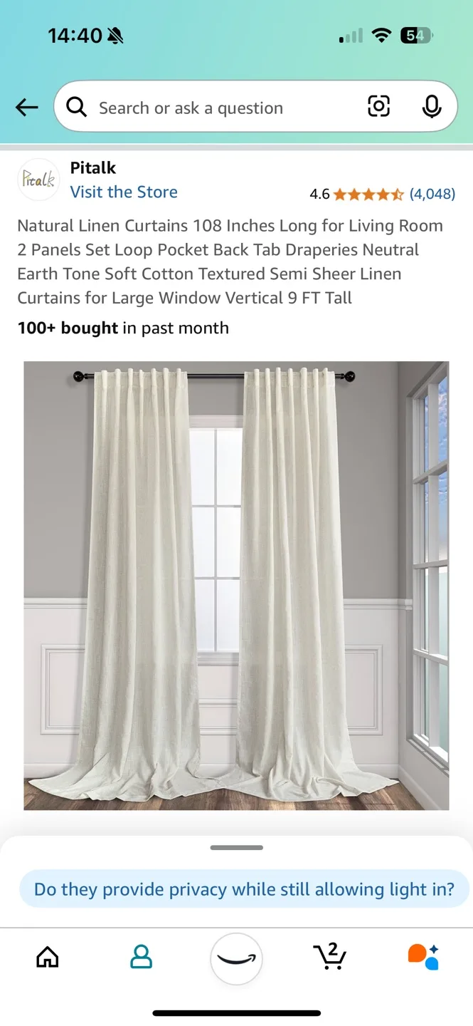 Pitalk Linen Curtains 108 Inches Long - Natural thumbnail