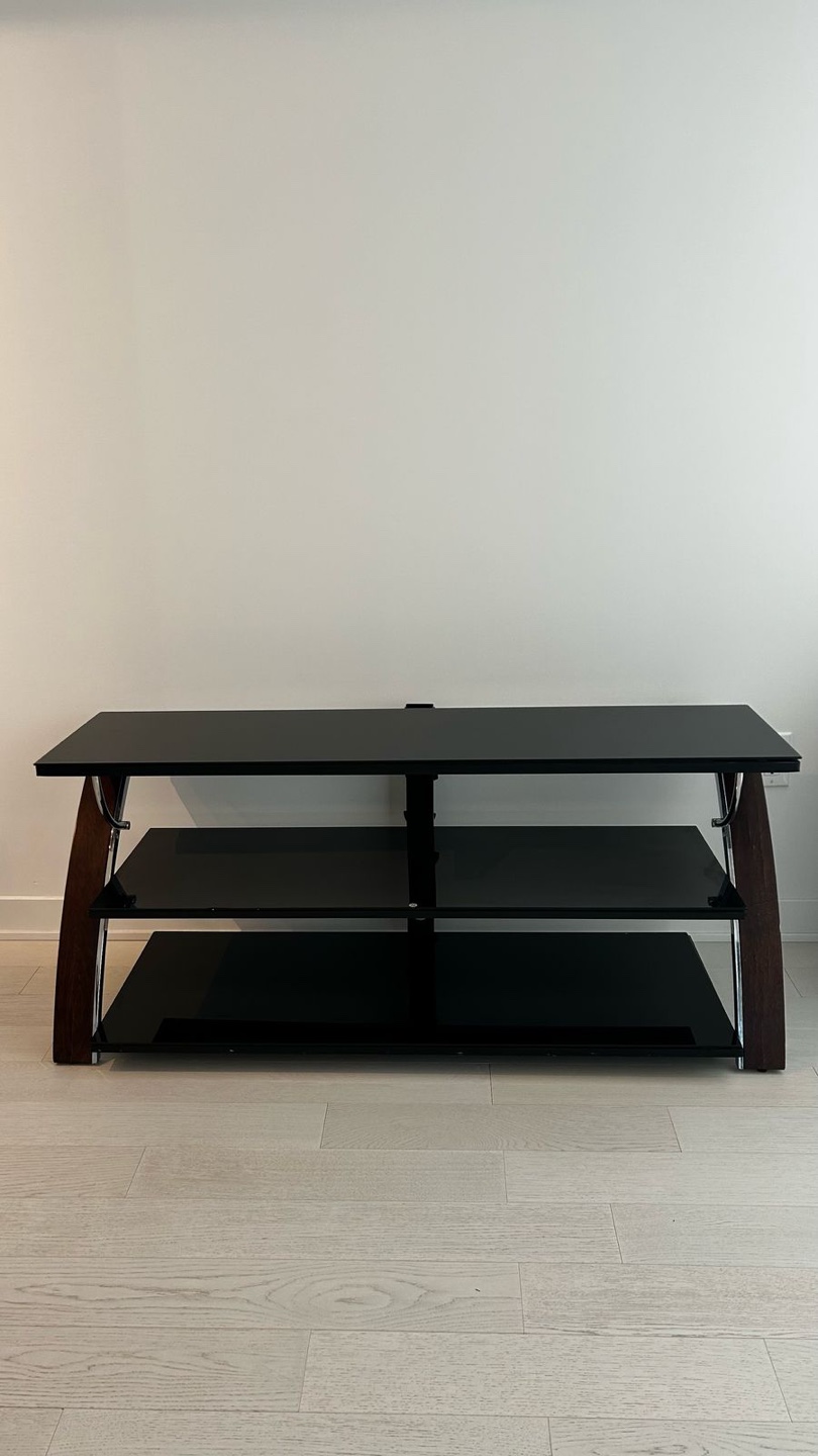 Black Glass TV Stand with Wood Accents